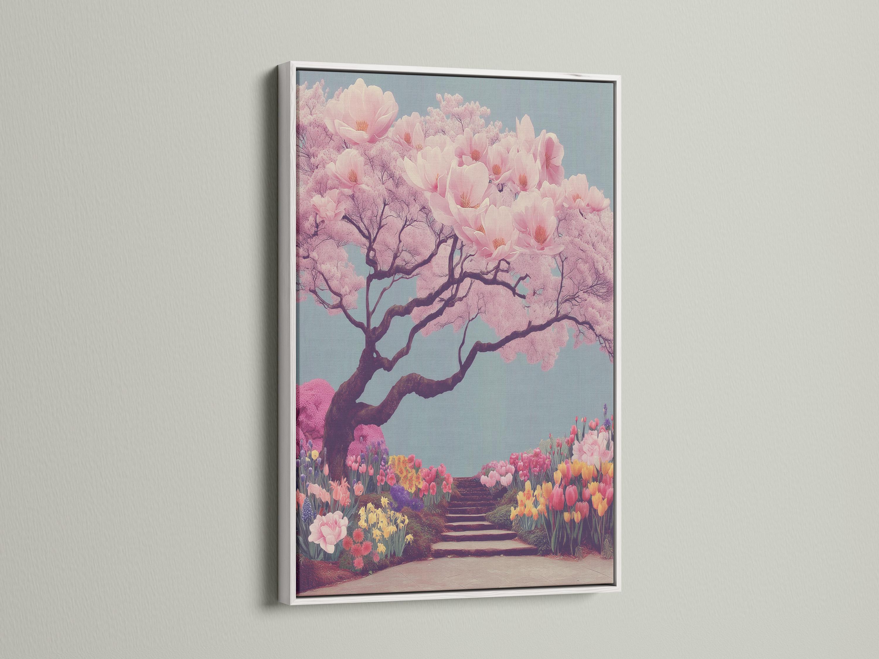 Cherry blossom tree illustration with pale pink blossoms and a winding flower-lined path detail view