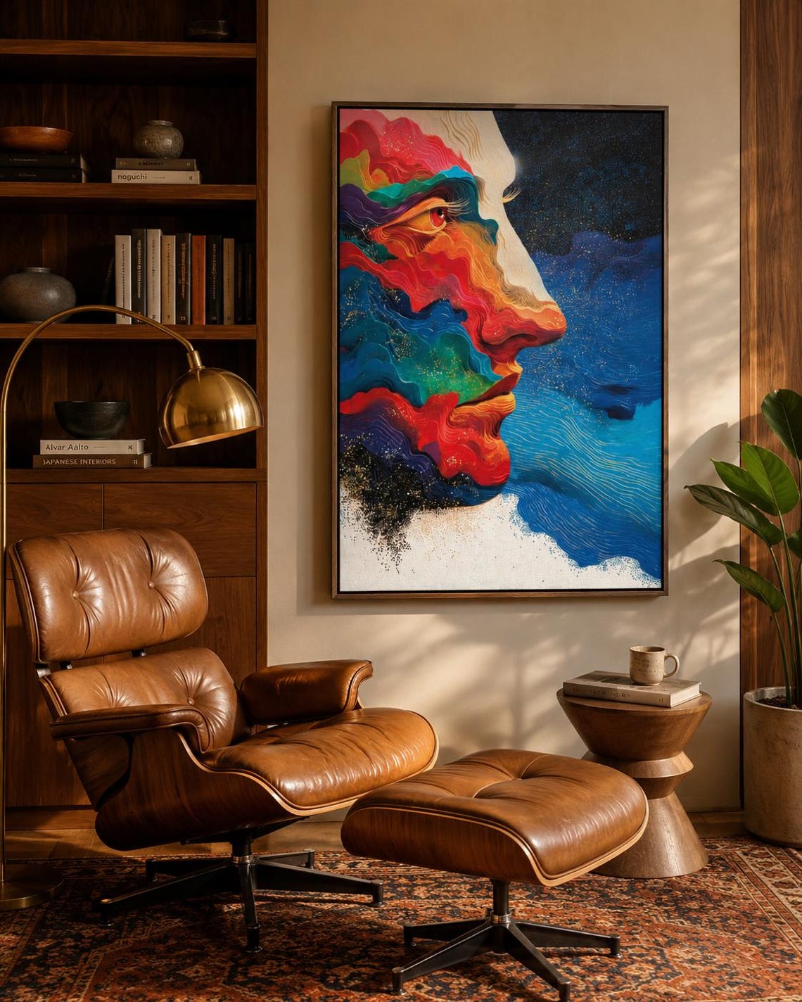Abstract face in side profile with flowing red, blue and teal shapes and warm gold highlights on a dark starry background detail view