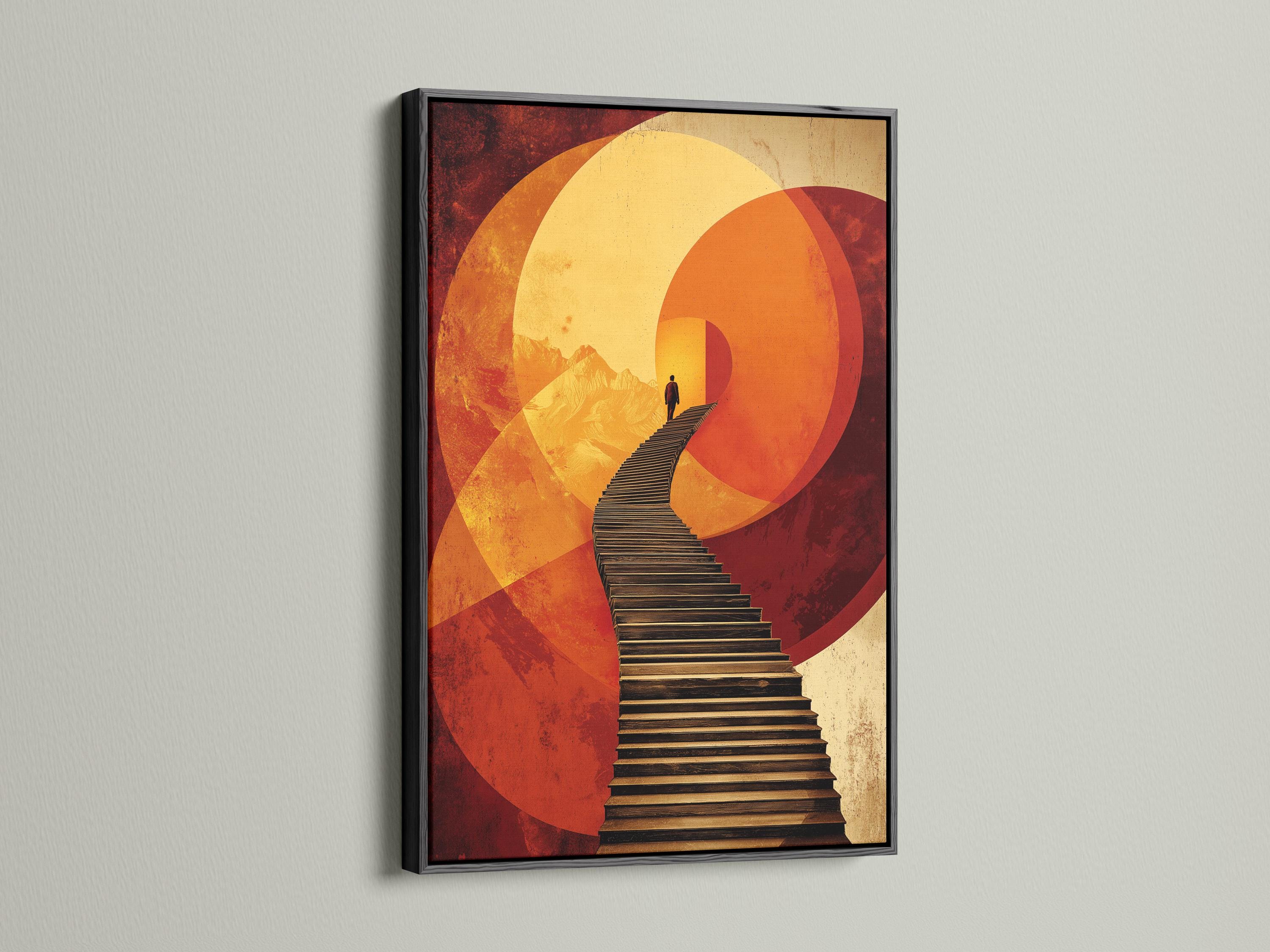 Warm orange and gold geometric arch artwork with a diagonal staircase and a dark silhouetted figure detail view