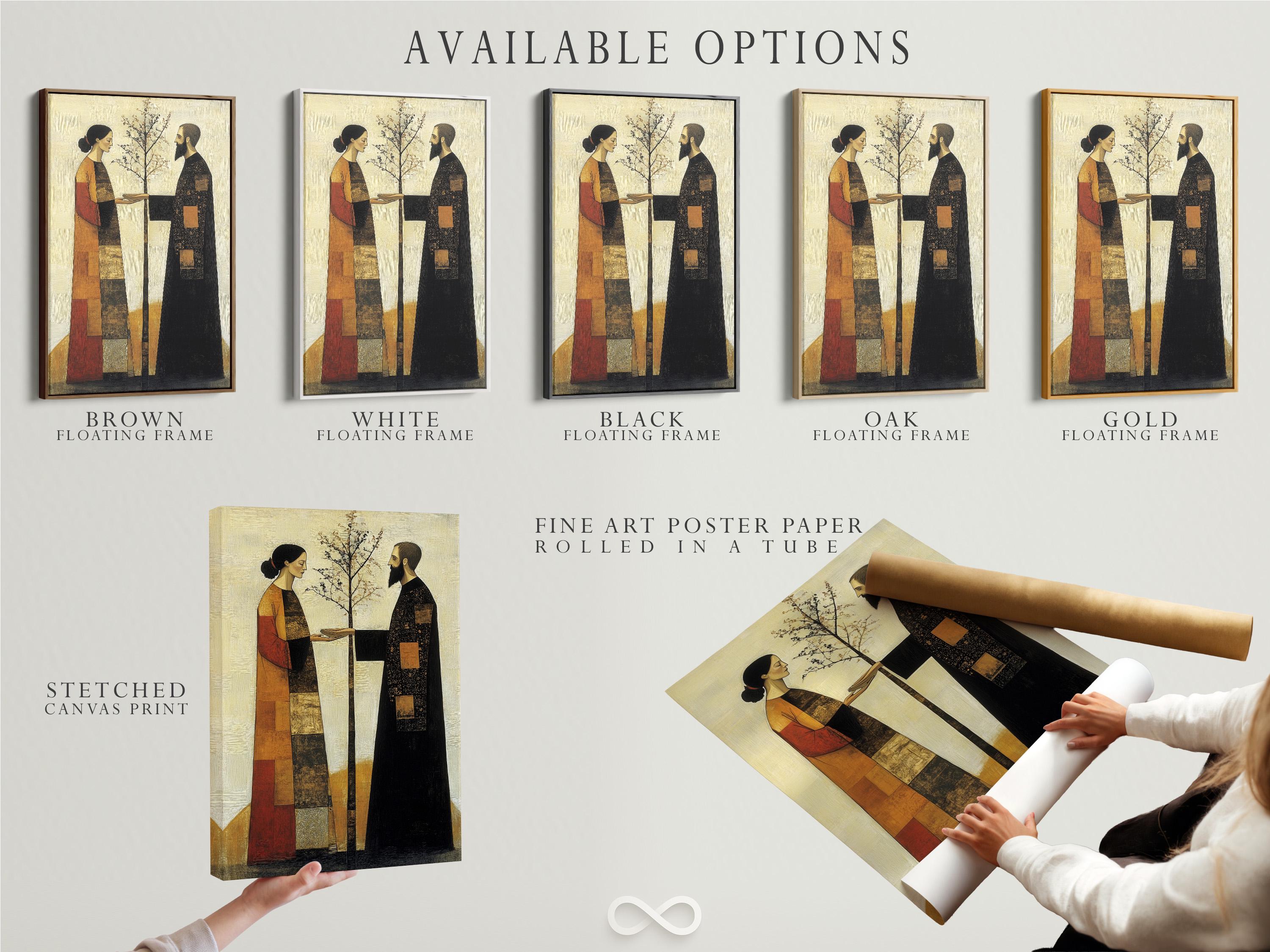 A framed artwork mockup showing a folk-art couple facing each other with a tree at the centre on a pale background