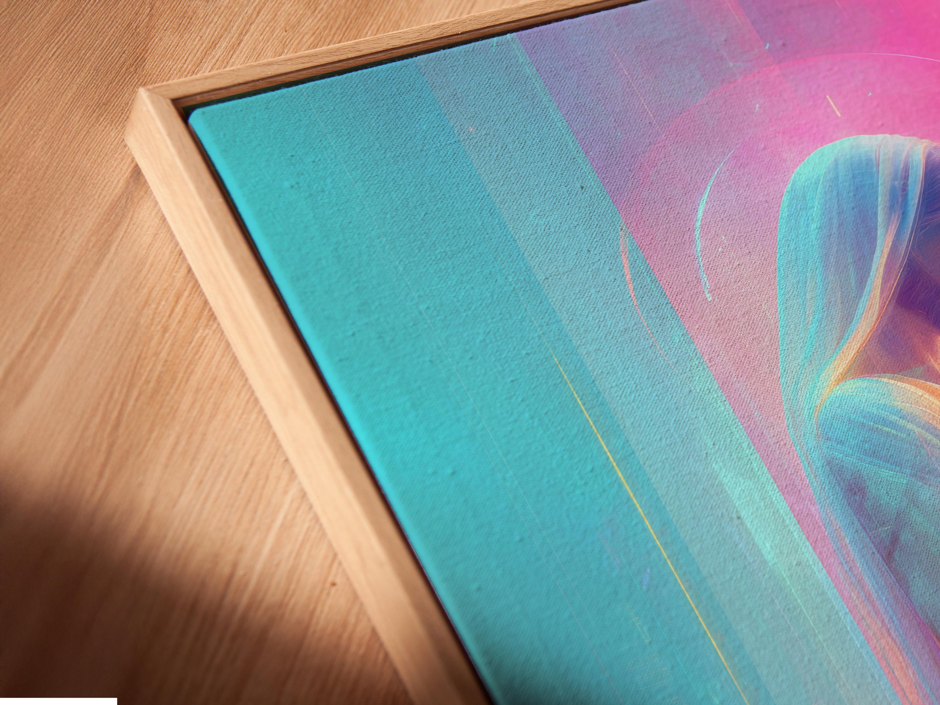 Stylised Jesus Christ portrait in profile with a glowing halo, pink and aqua background detail view