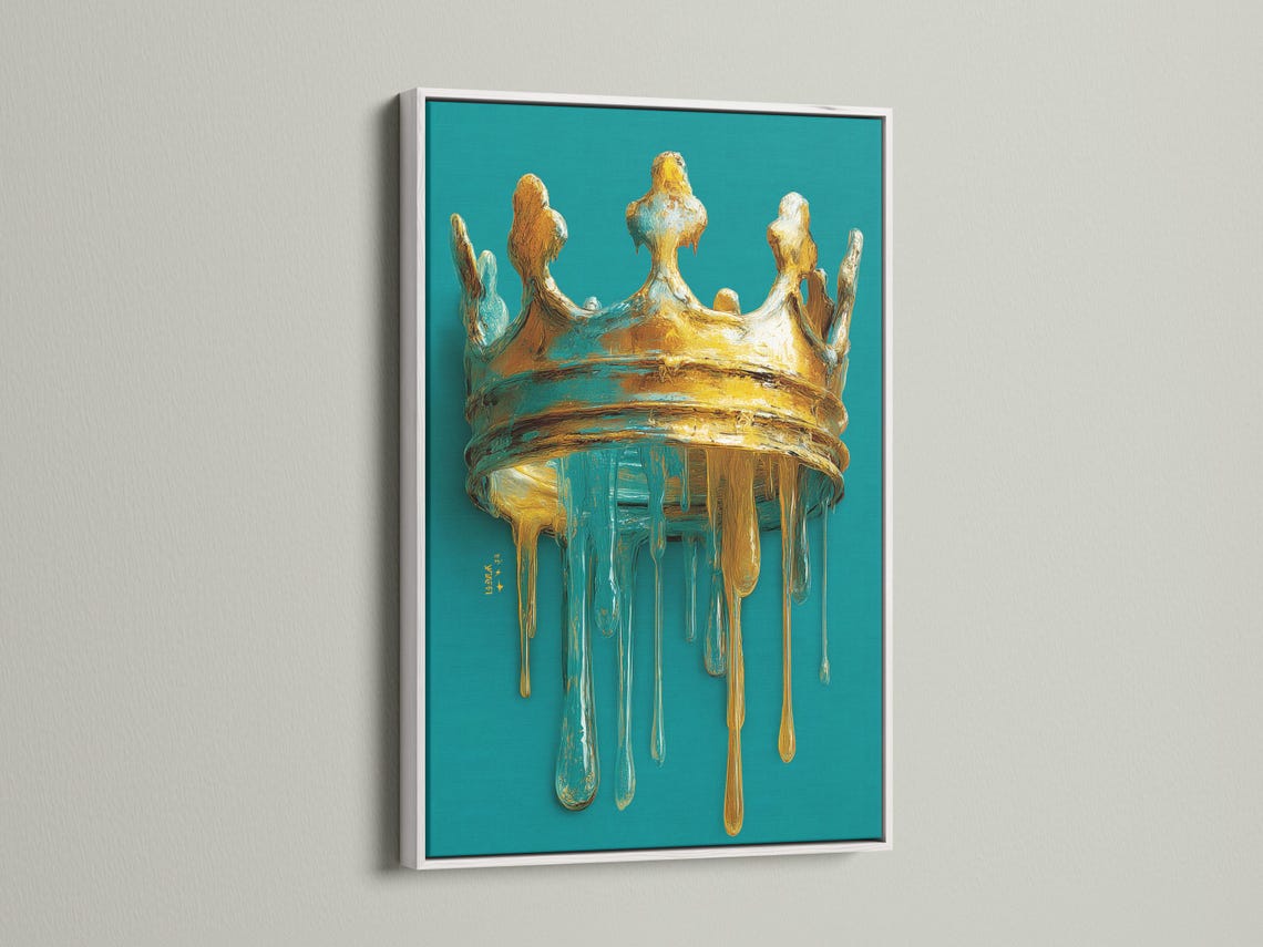 Wall mockup showing a teal and gold crown drip painting framed artwork