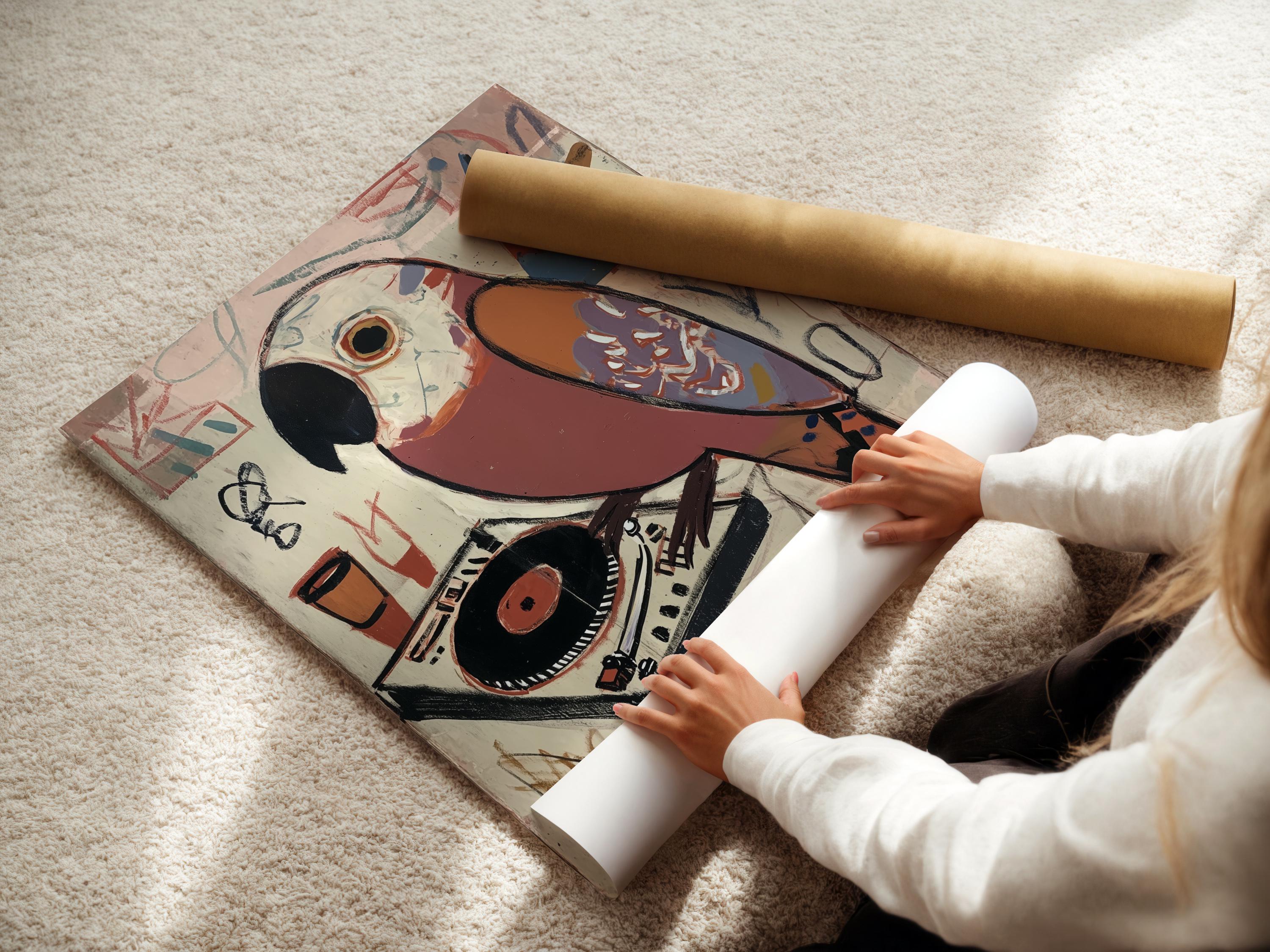 Stylised parrot above a vinyl record and turntable with graffiti-like music doodles detail view