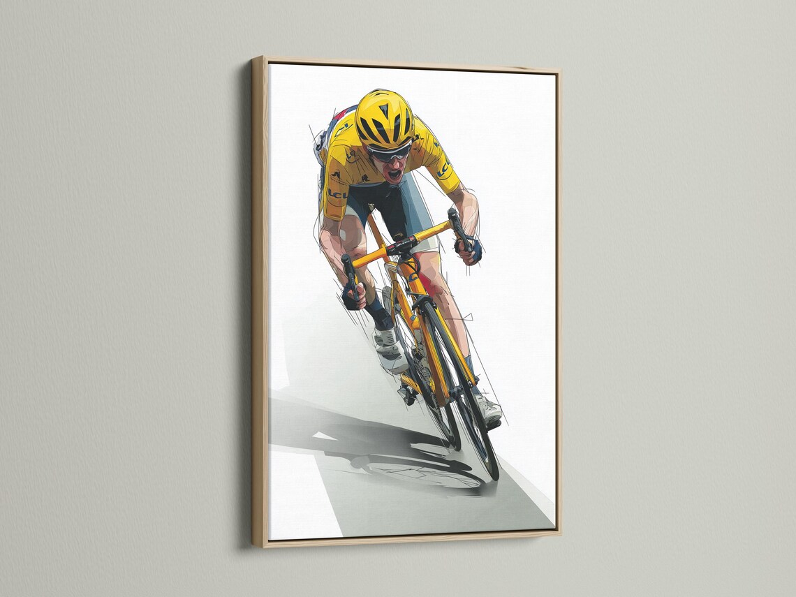 Stylised yellow cyclist riding a bicycle diagonally with motion lines detail view