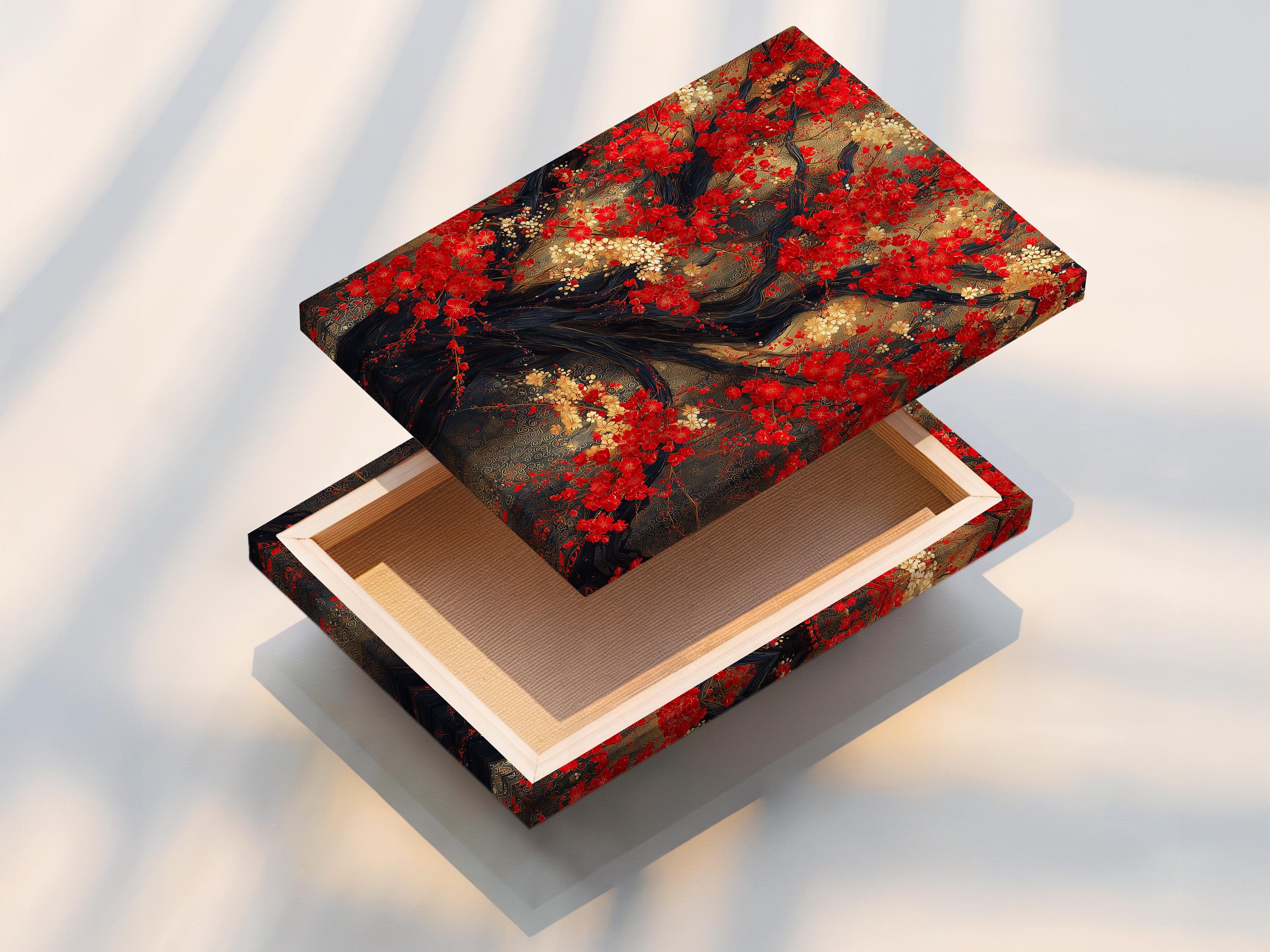 Red blossom tree artwork with dark branches and clusters of red, cream and gold flowers detail view