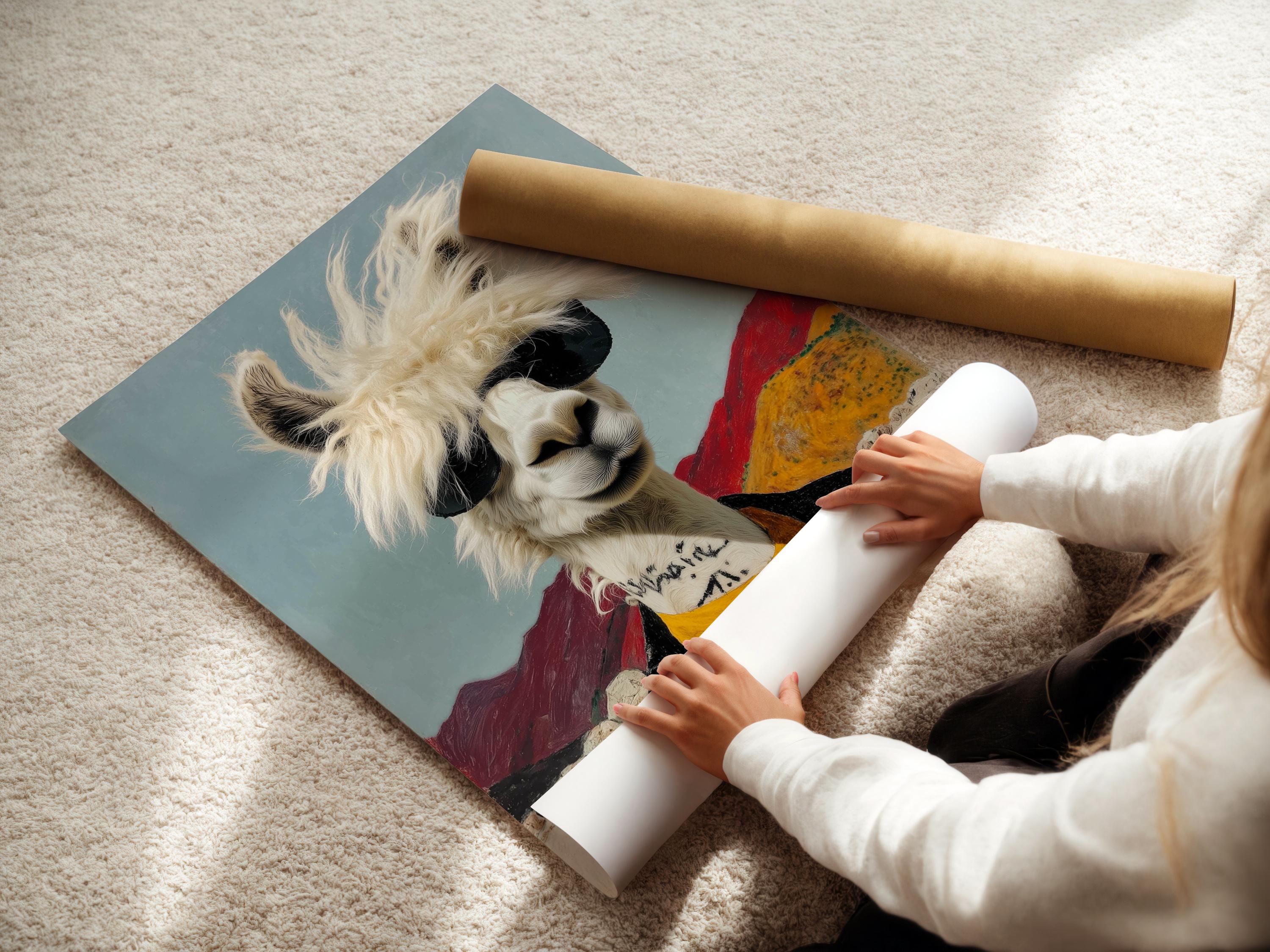Stylised llama wearing black sunglasses with a fluffy mane and red and yellow scarf in a desert scene detail view