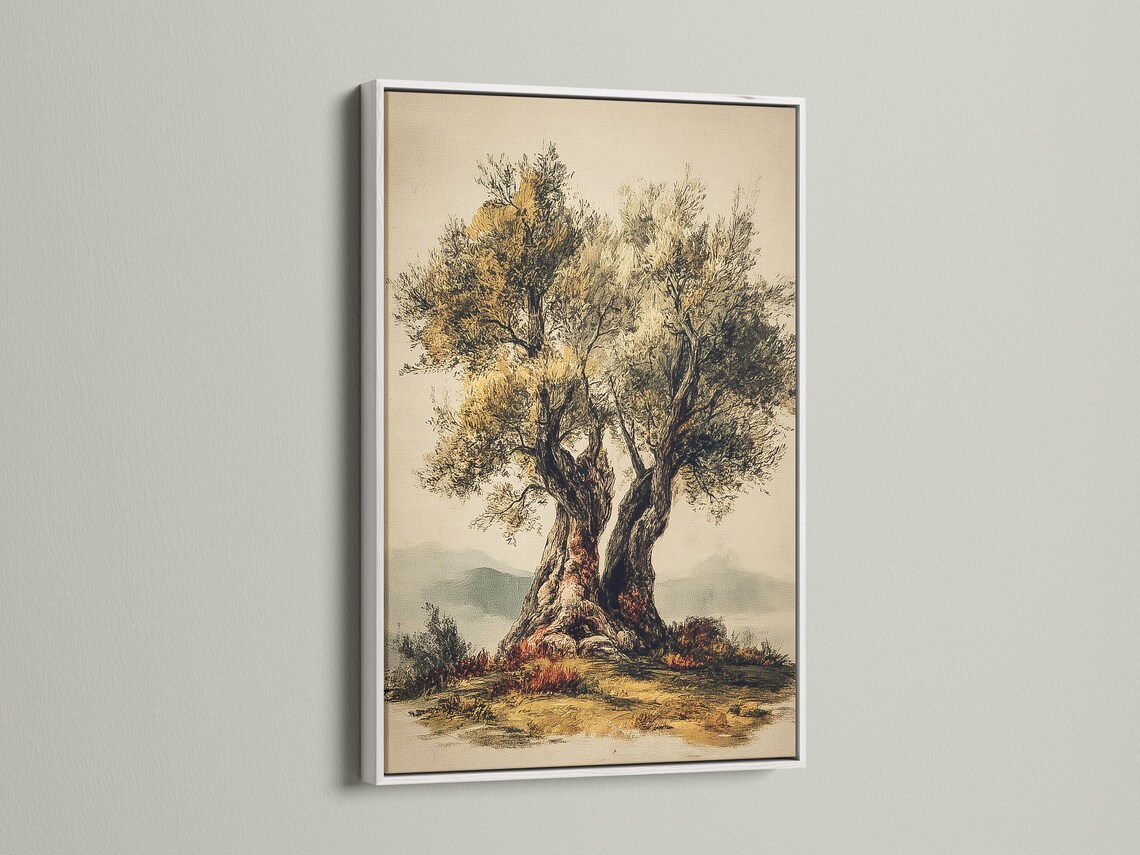 Vintage botanical tree illustration with a dark trunk, golden foliage and soft reflections detail view