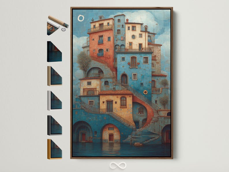 Turquoise and coral Mediterranean cityscape with arched windows, balconies, staircases and reflective water