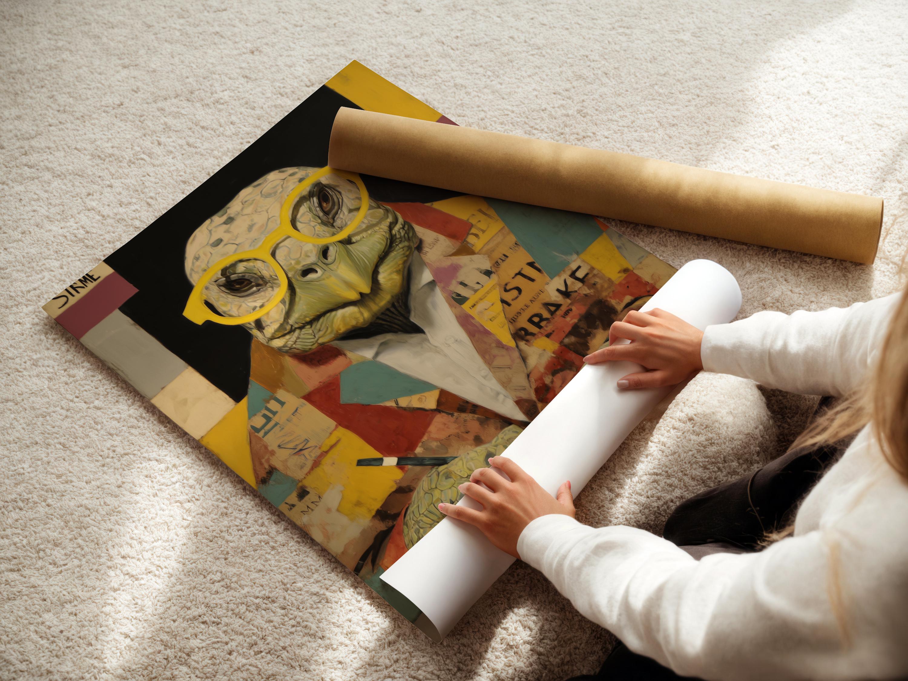 Collage-style turtle wearing yellow round glasses at an open book with patchwork background detail view