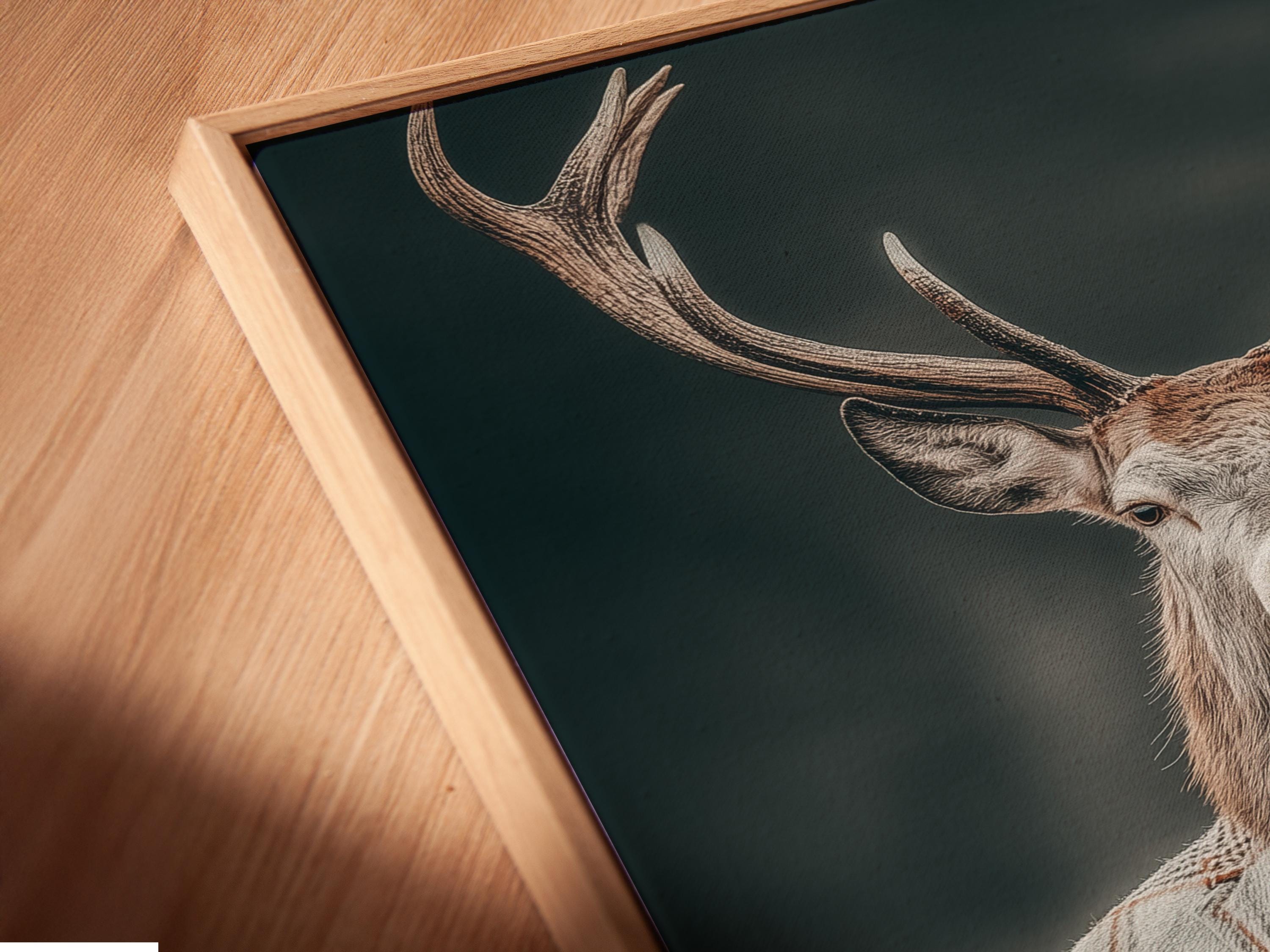 Gentleman deer portrait with antlers wearing a grey plaid suit, bow tie and holding a cup detail view