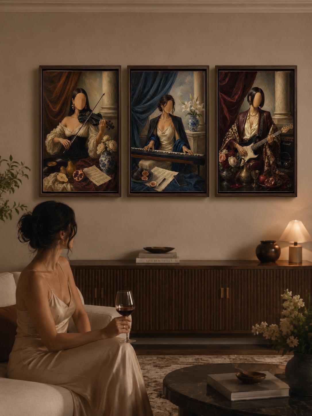 Three Renaissance-inspired faceless musician portraits with violin, keyboard and electric guitar detail view