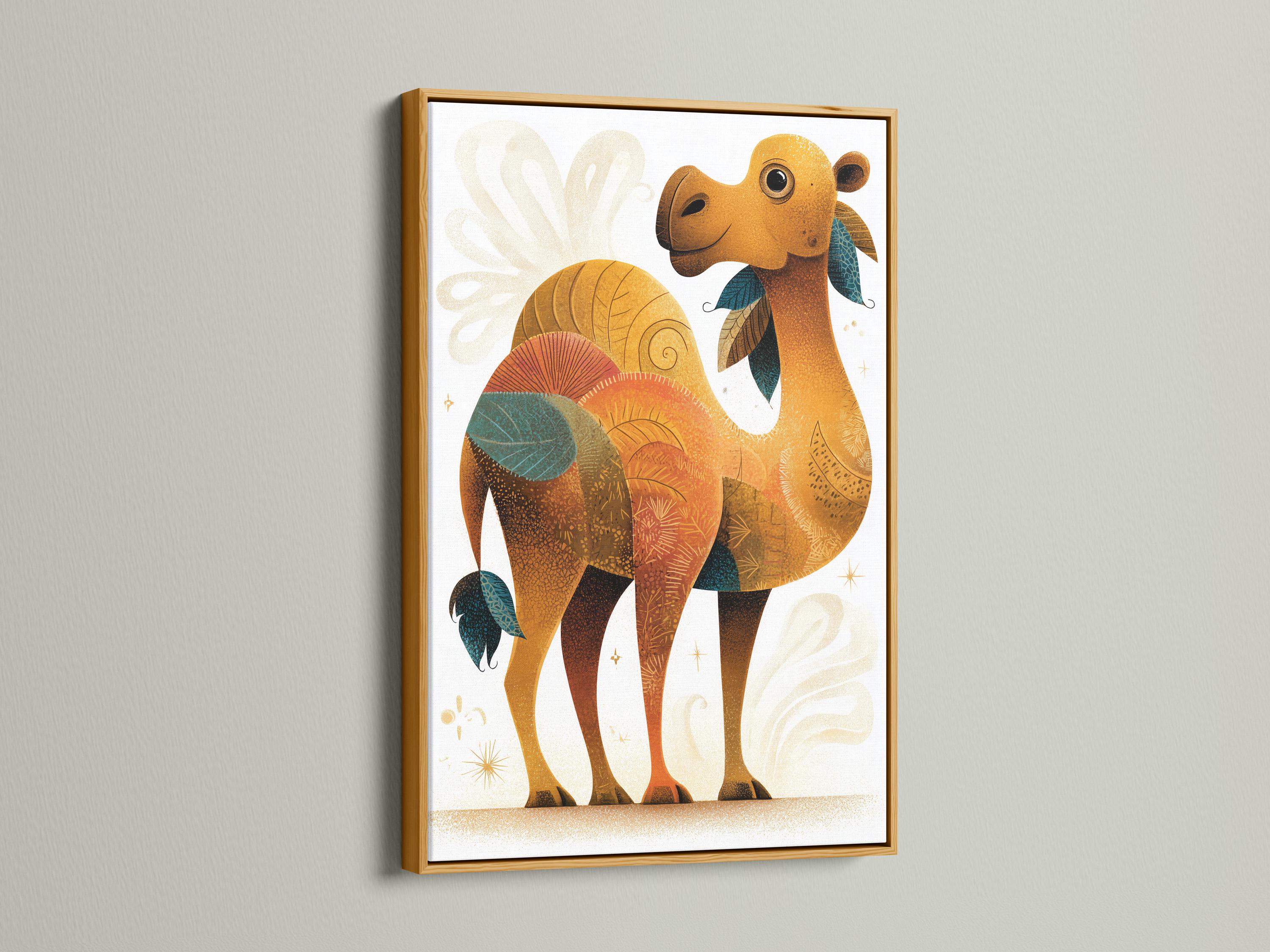 Illustrated camel with warm ochre body, teal leaf details and gold star flecks on an off-white background detail view