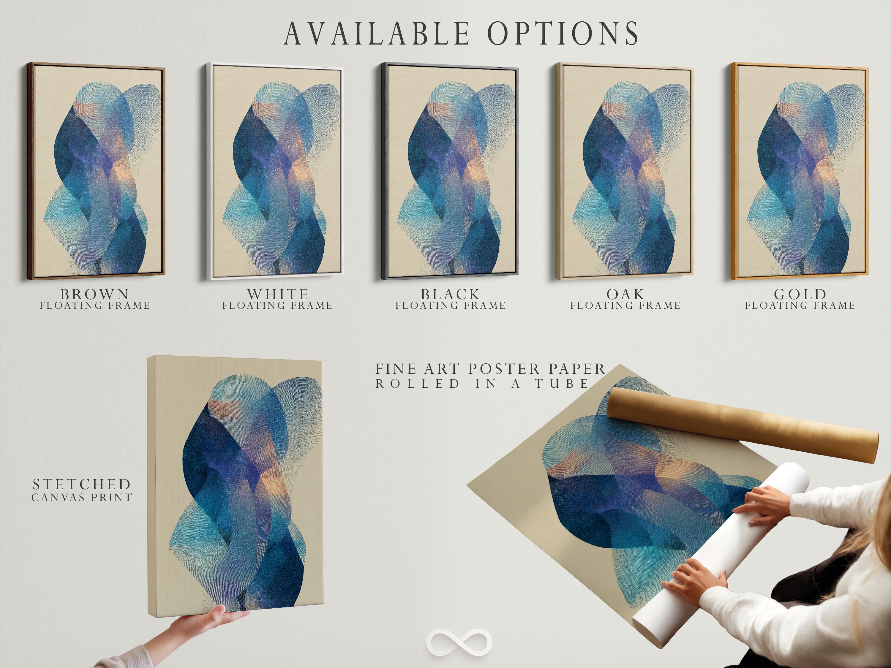 Abstract beige artwork with layered blue and teal circular shapes and a stippled texture detail view