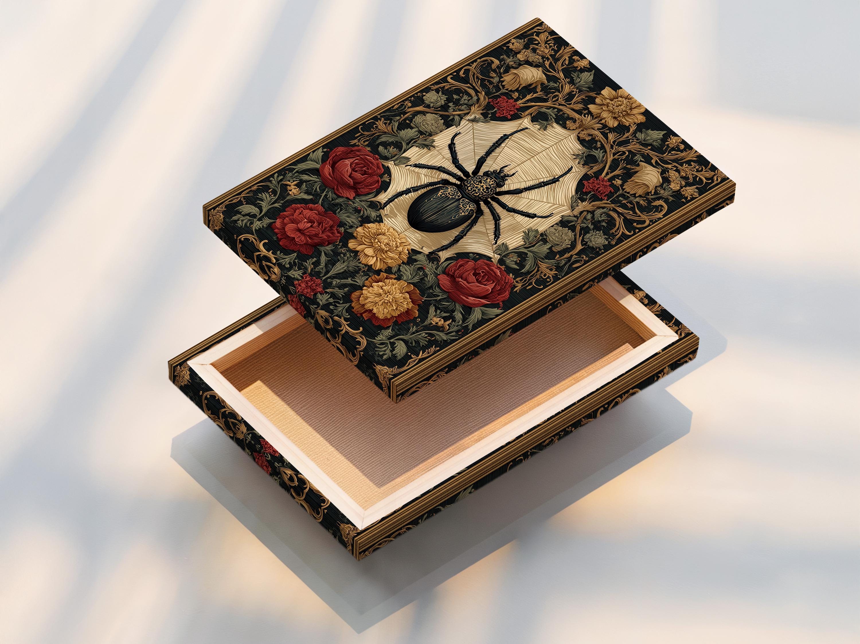 Gothic artwork with a central black spider, cream starburst, and roses detail view