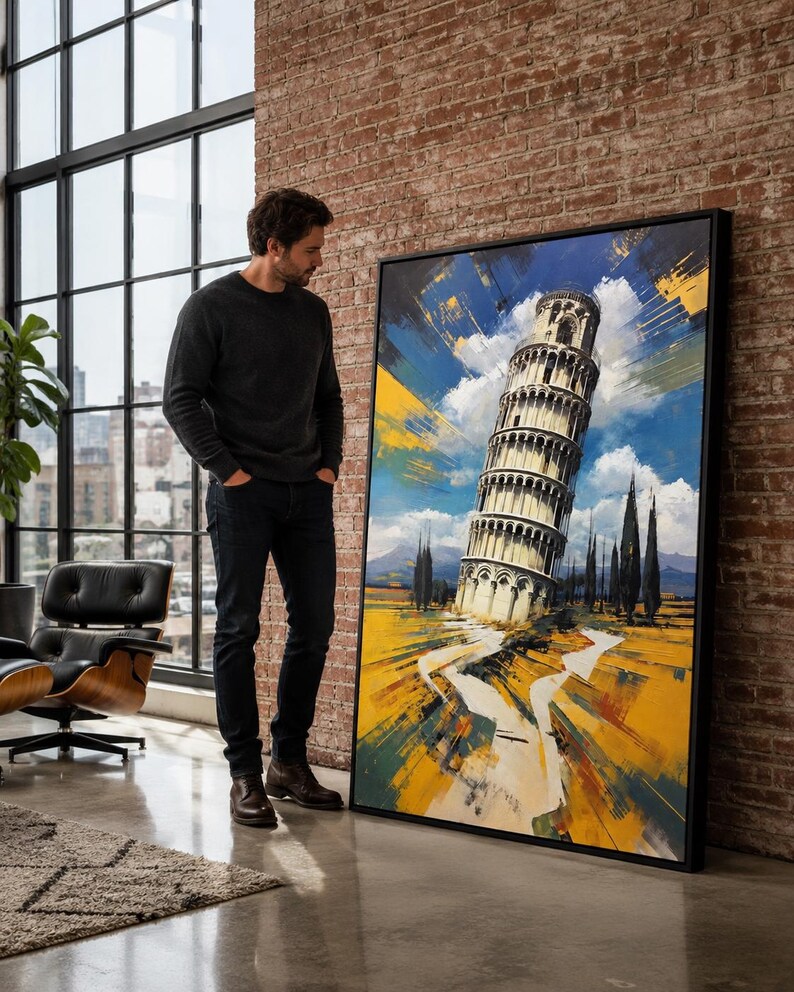 Painting-style view of the Leaning Tower of Pisa with blue sky and gold rays