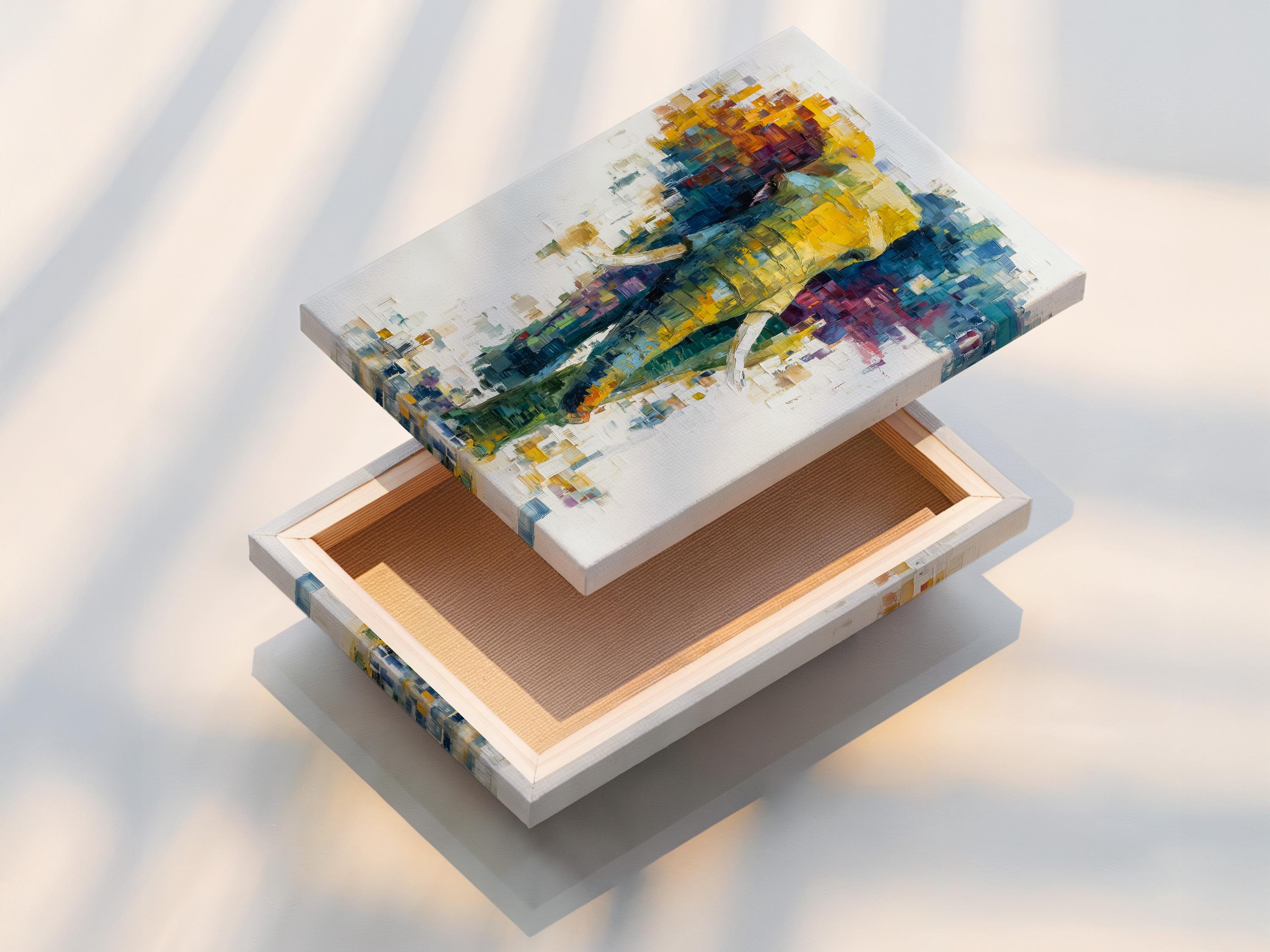 Abstract elephant artwork with layered teal, yellow and magenta colour blocks on an off-white background detail view