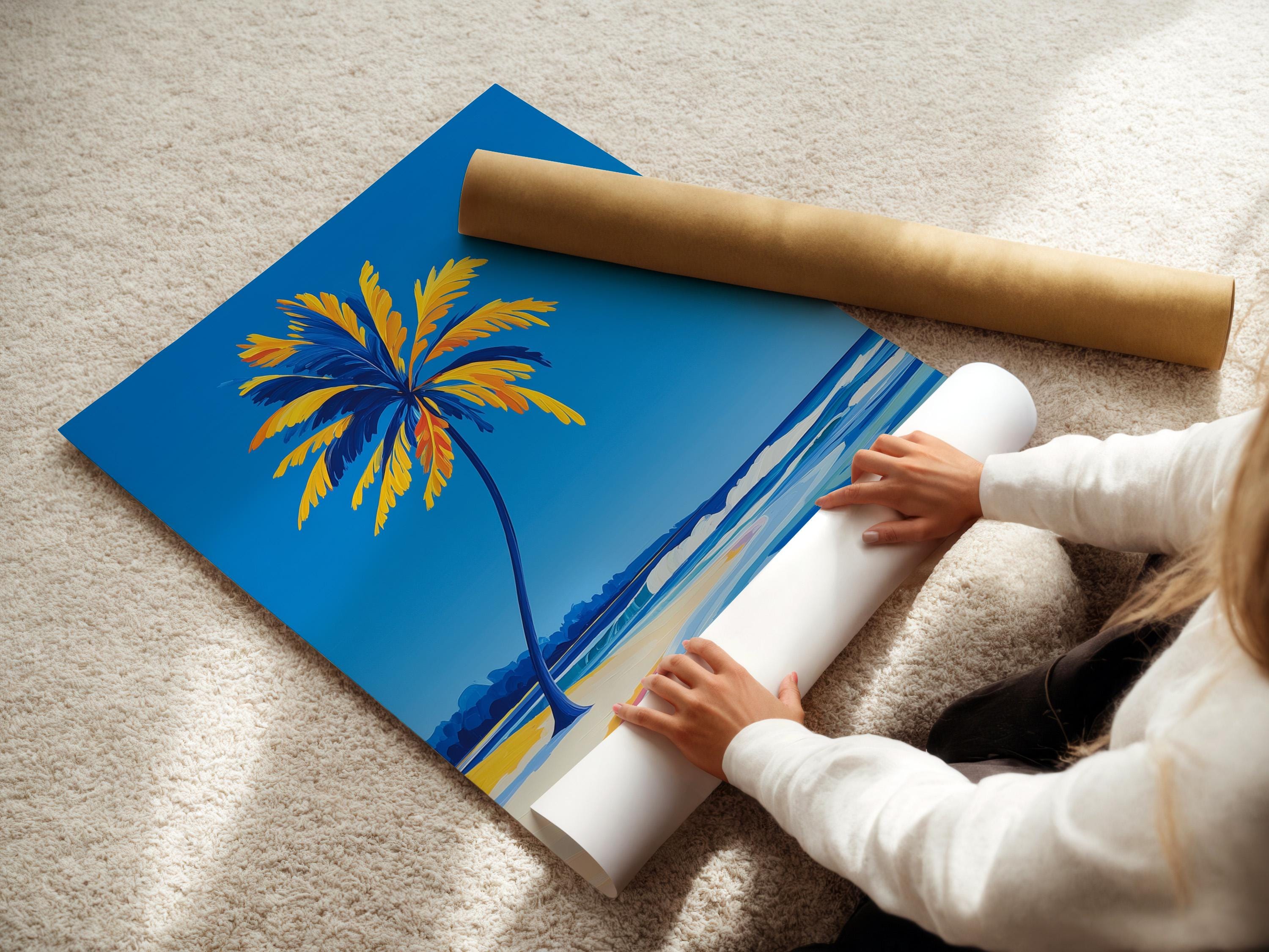 Room mockup showing a framed tropical beach seascape with palm tree, ocean waves and sandy shore