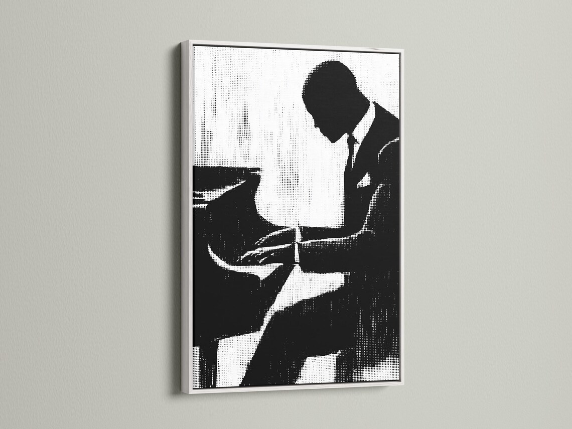 Black-and-white musician silhouette framed artwork on a wall mockup