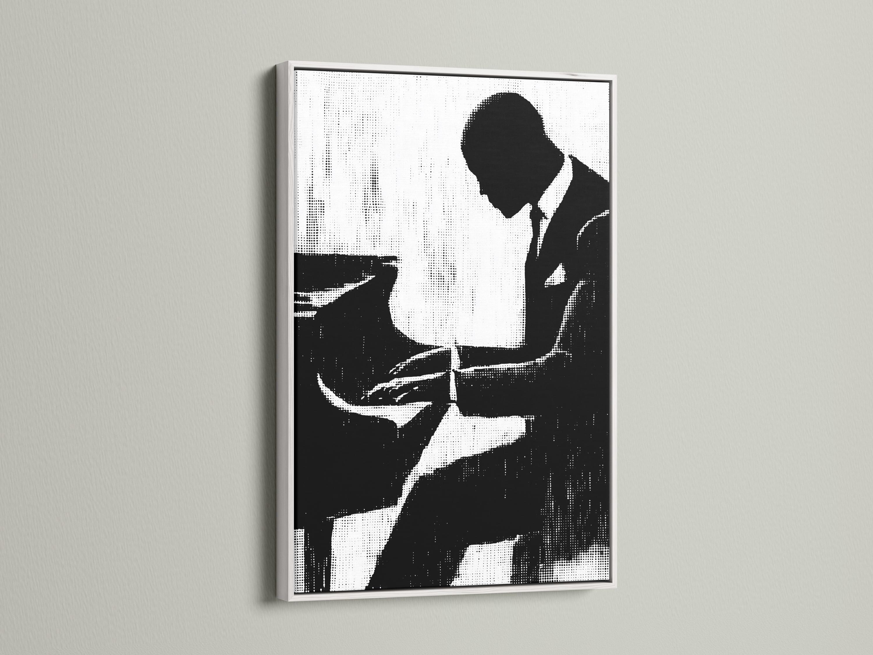 Black-and-white musician silhouette framed artwork on a wall mockup