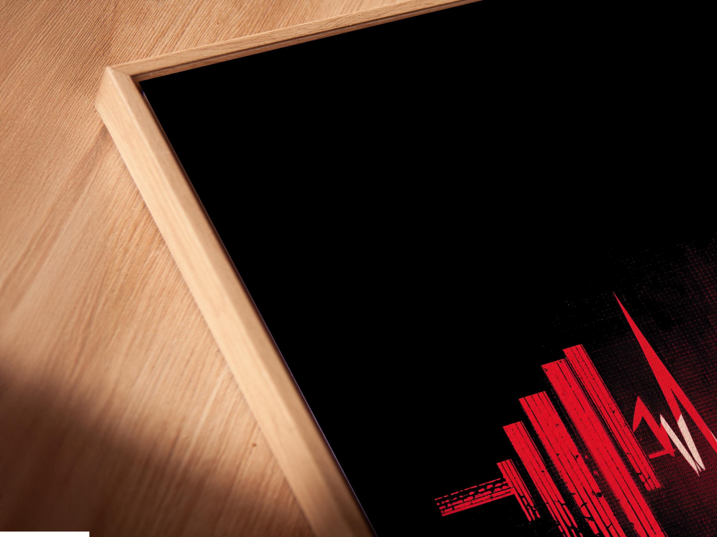 Black fitness graphic with a red heart icon, pulse waveform line and symmetrical vertical bars detail view