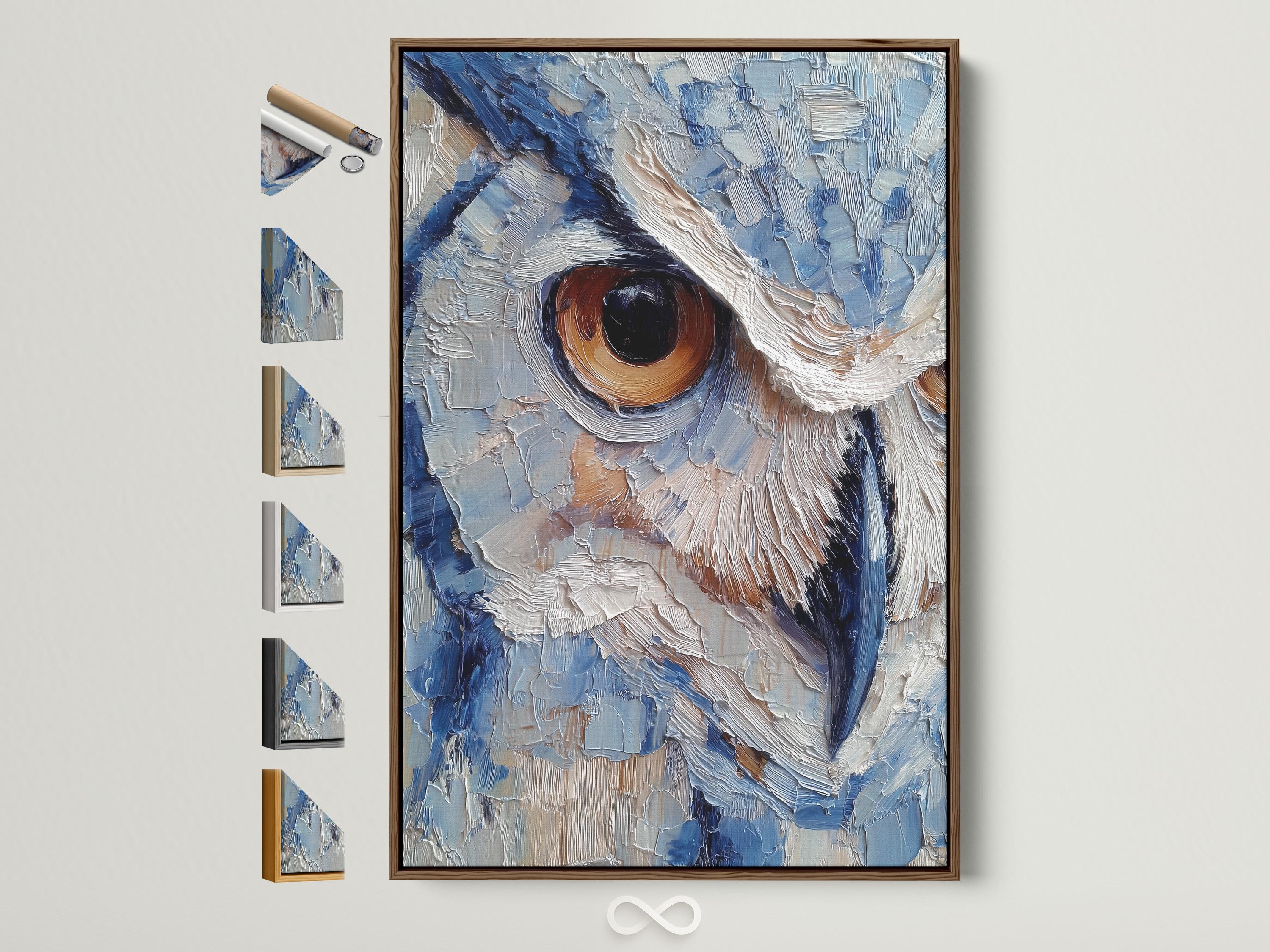 Room scene with a framed blue owl painting above a desk where a person writes in a book