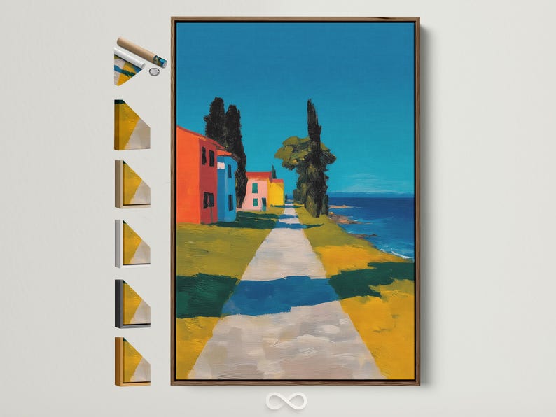 Blue coastal village painting showing colourful houses, a tower and a path leading to the sea