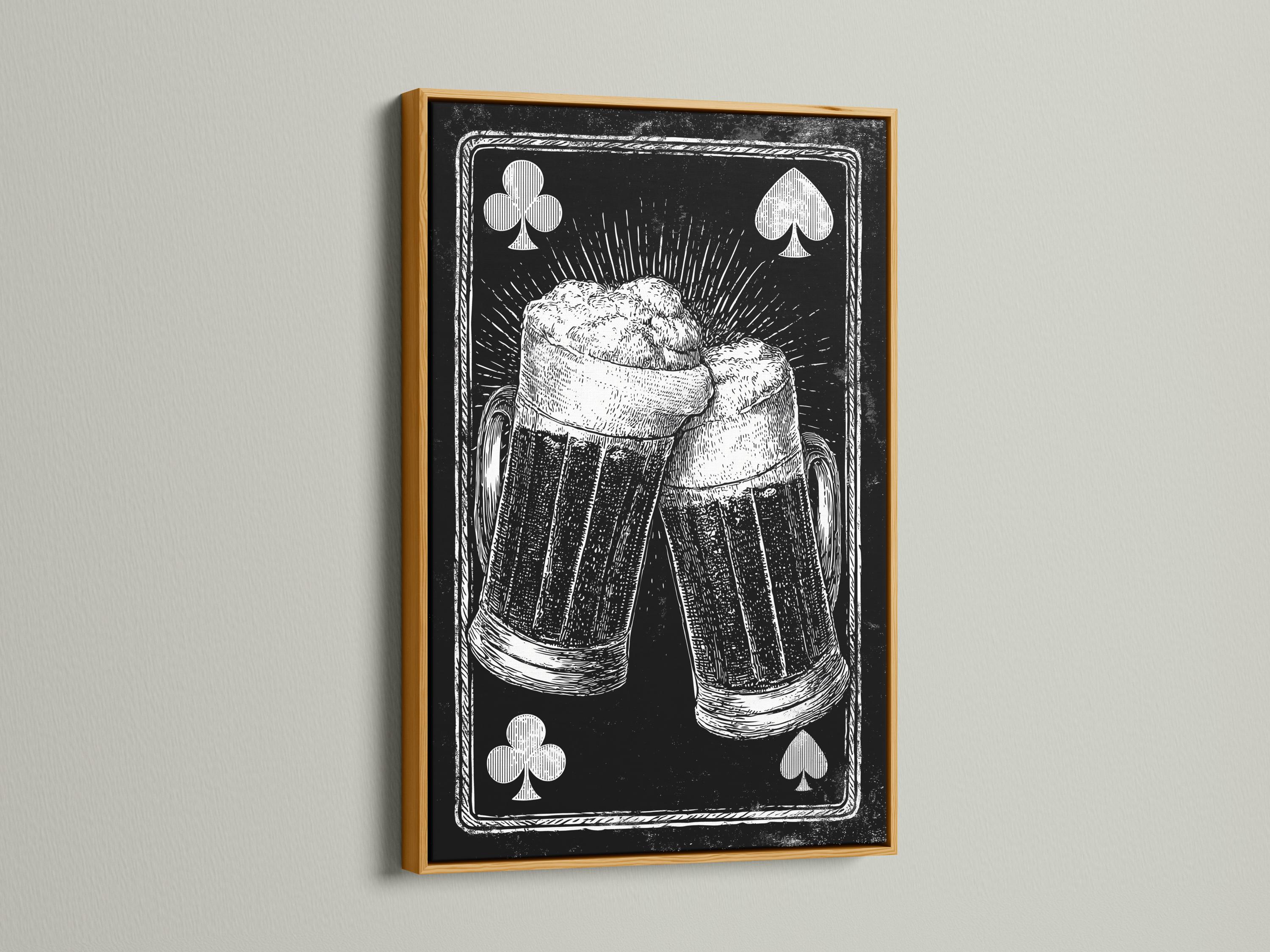 Monochrome illustration of two beer tankards with club and spade card symbols detail view