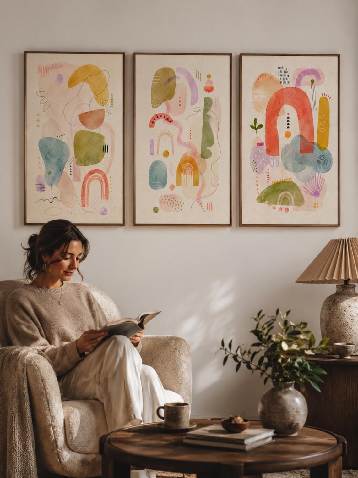 Three pastel abstract panels show organic geometric shapes, doodle-like lines and dots arranged in collage-style compositions within light cream