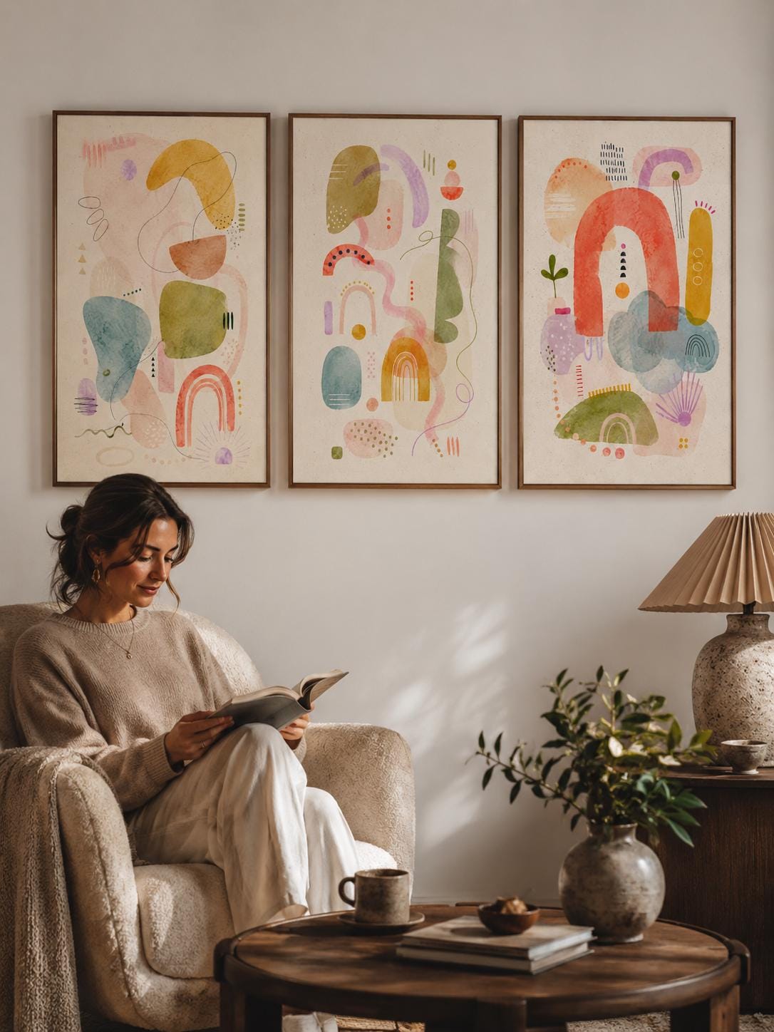 Three pastel abstract panels show organic geometric shapes, doodle-like lines and dots arranged in collage-style compositions within light cream