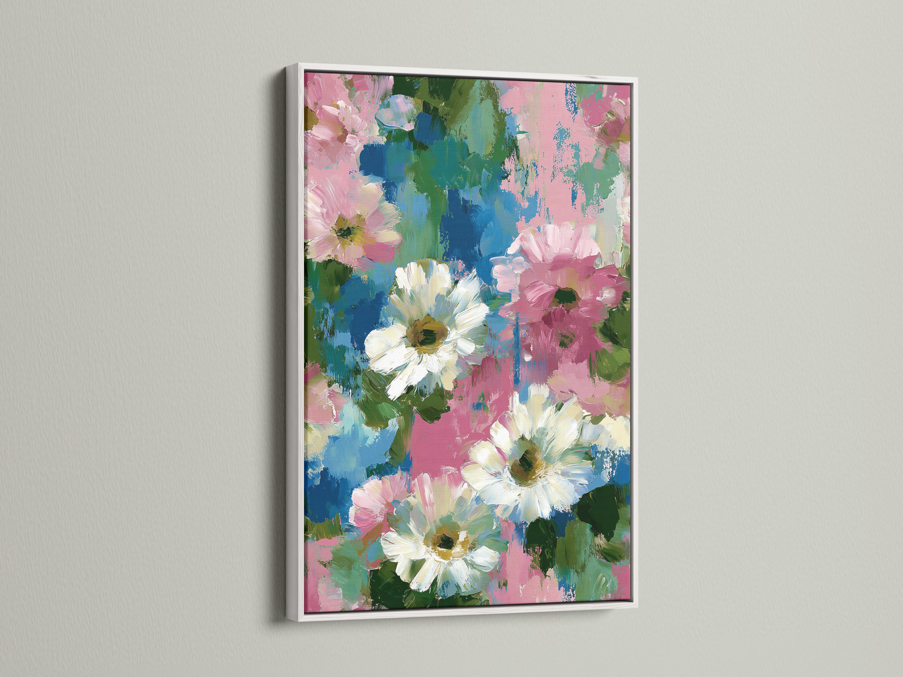 Room mockup showing a framed floral artwork with pink, white, teal and green brush textures