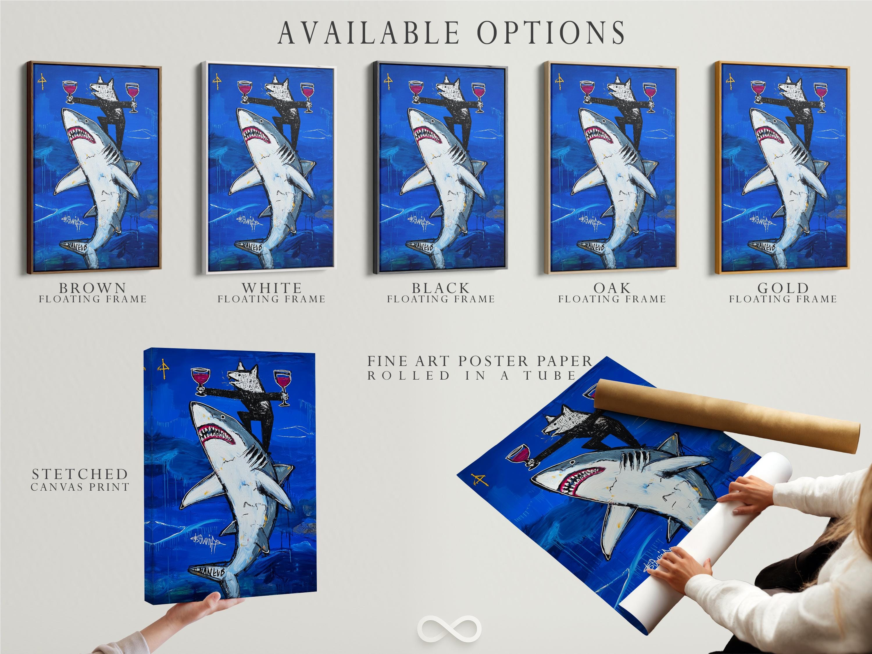 Stylised shark swimming in deep blue ocean with a wolf and trophy goblets detail view