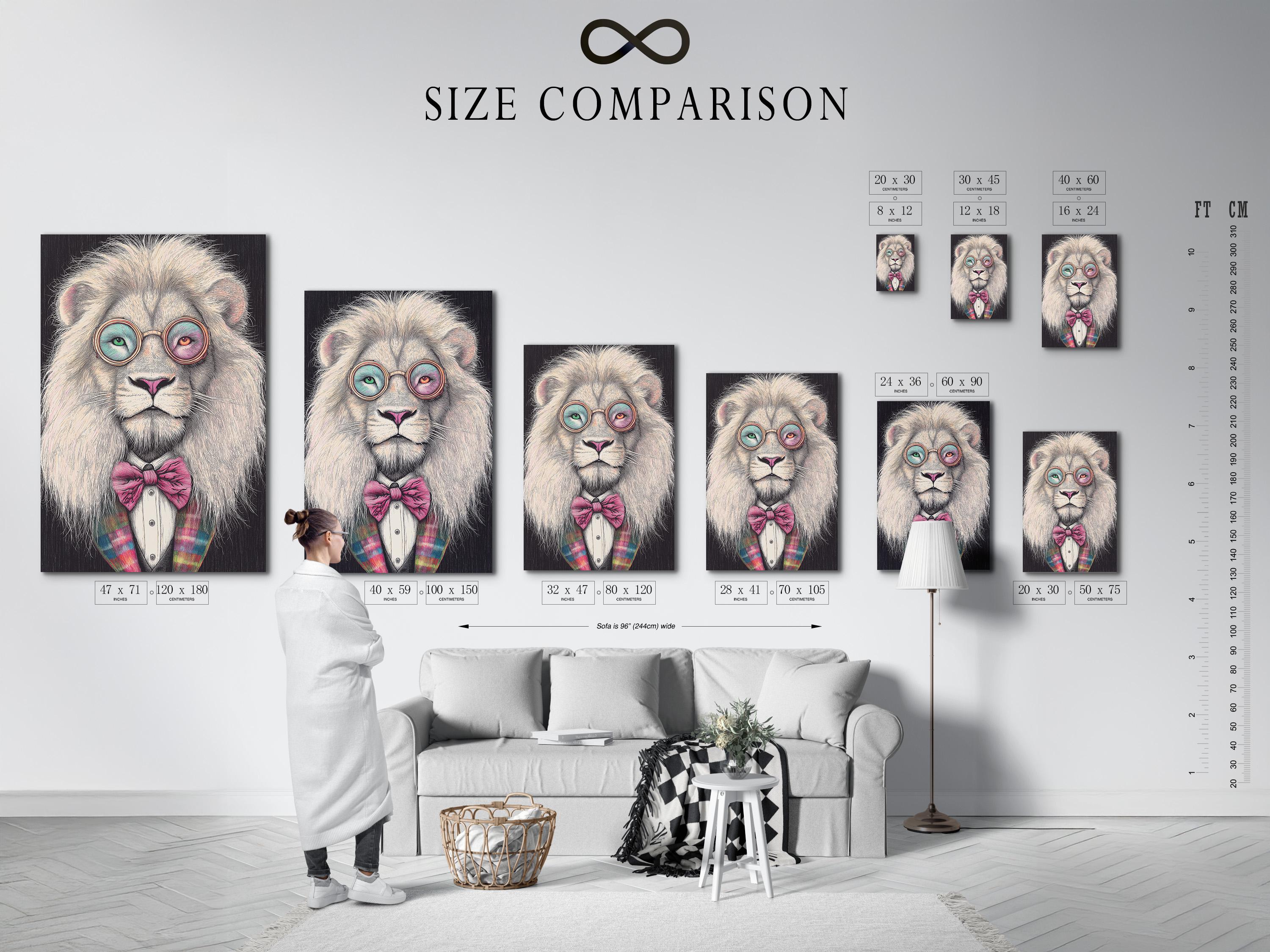 Stylised lion portrait with round glasses and a pink bow tie detail view