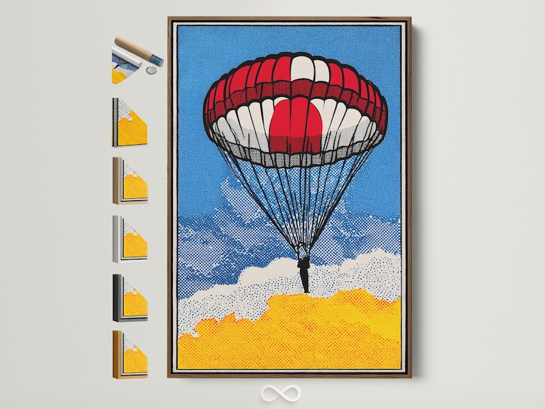 Red and white parachute pop art scene with blue dotted sky and clouds