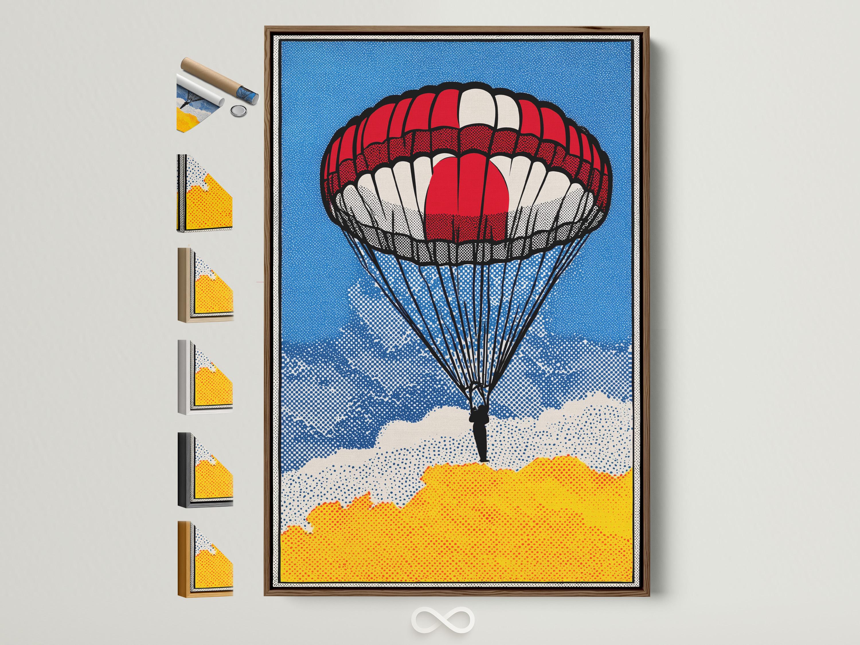 Red and white parachute pop art scene with blue dotted sky and clouds
