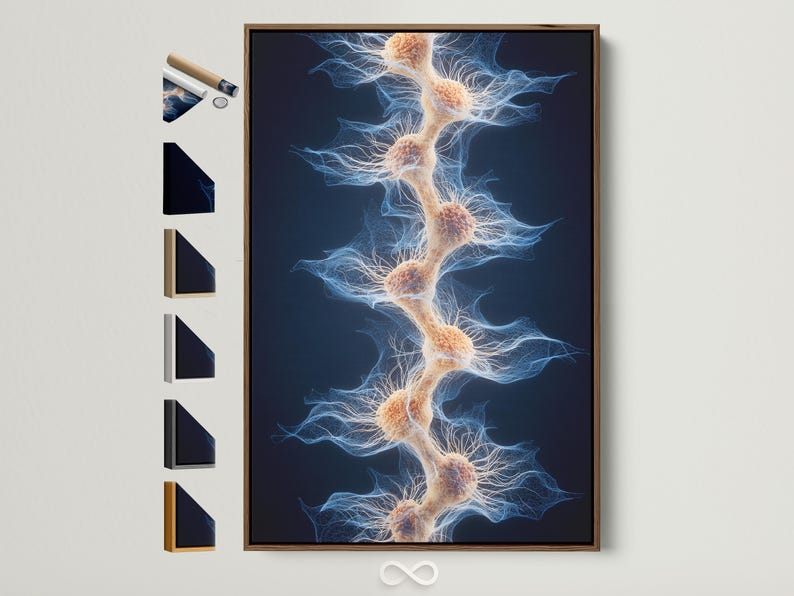 Dark navy abstract filament network with pale blue lines and beige nodes