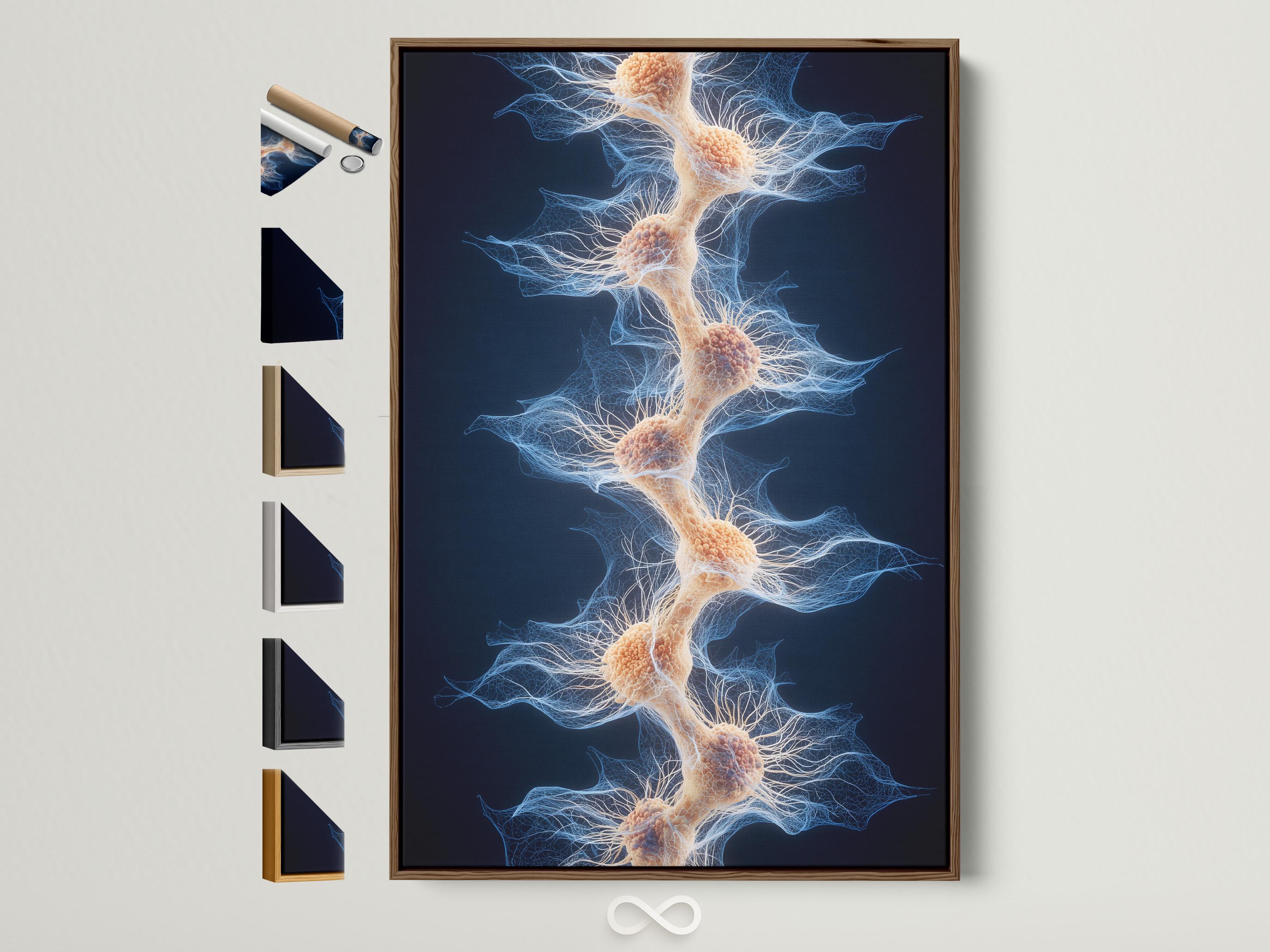 Dark navy abstract filament network with pale blue lines and beige nodes