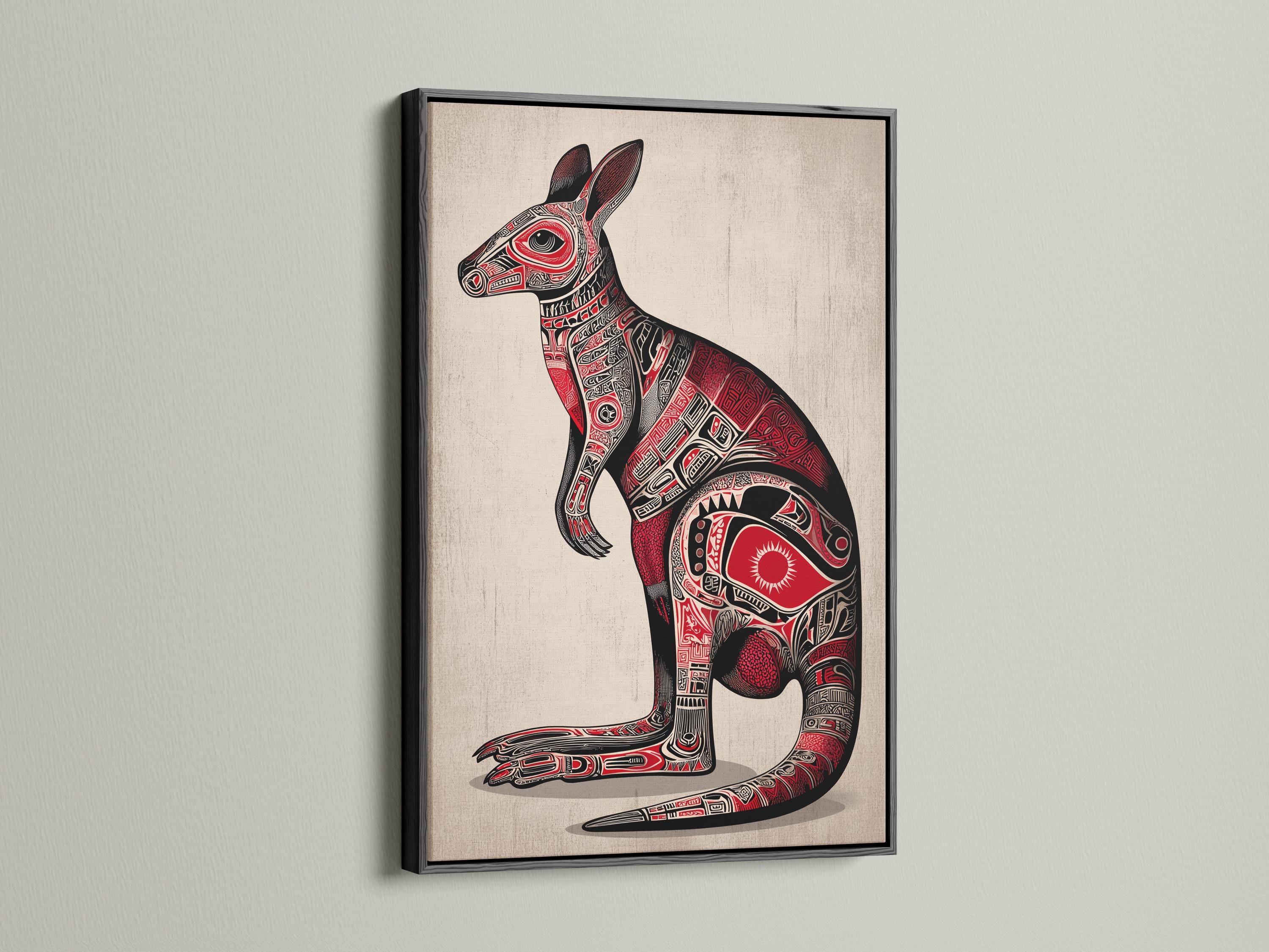 Stylised kangaroo illustration in black and red with detailed tribal patterns detail view