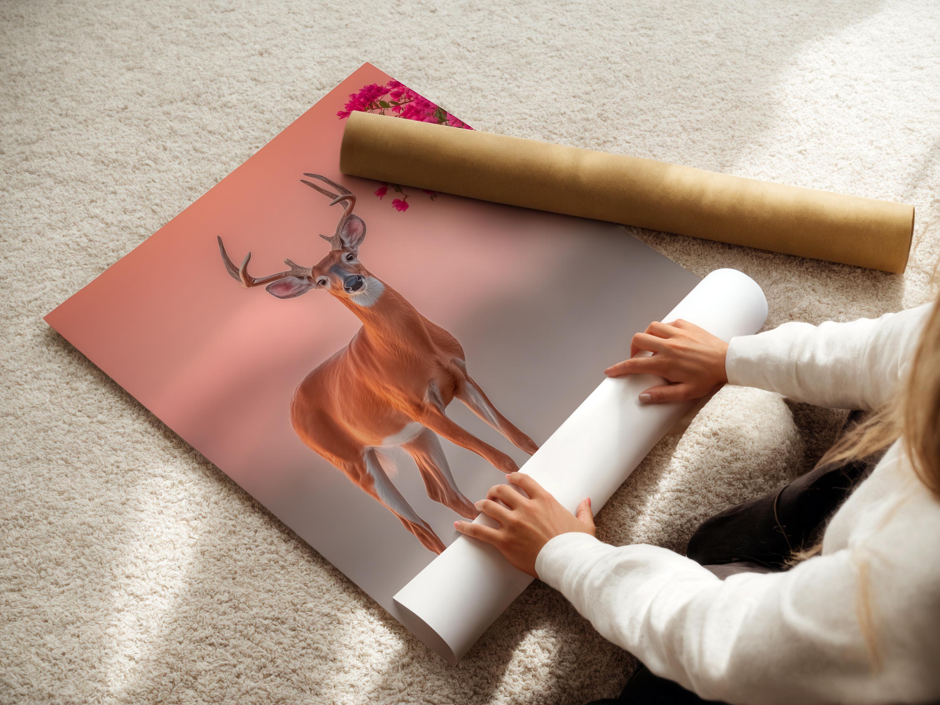 Deer portrait with tall antlers against a blush pink background and pink blossoms detail view