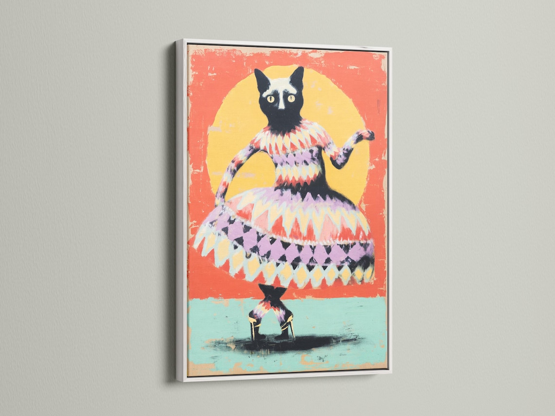Cat artwork in a framed mockup on a wall with additional frame variations