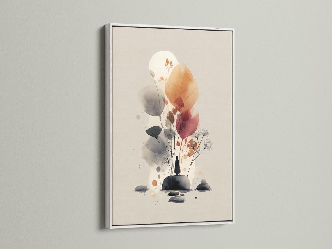 Abstract botanical artwork with watercolor-like leaves and orange flower heads on a beige background detail view