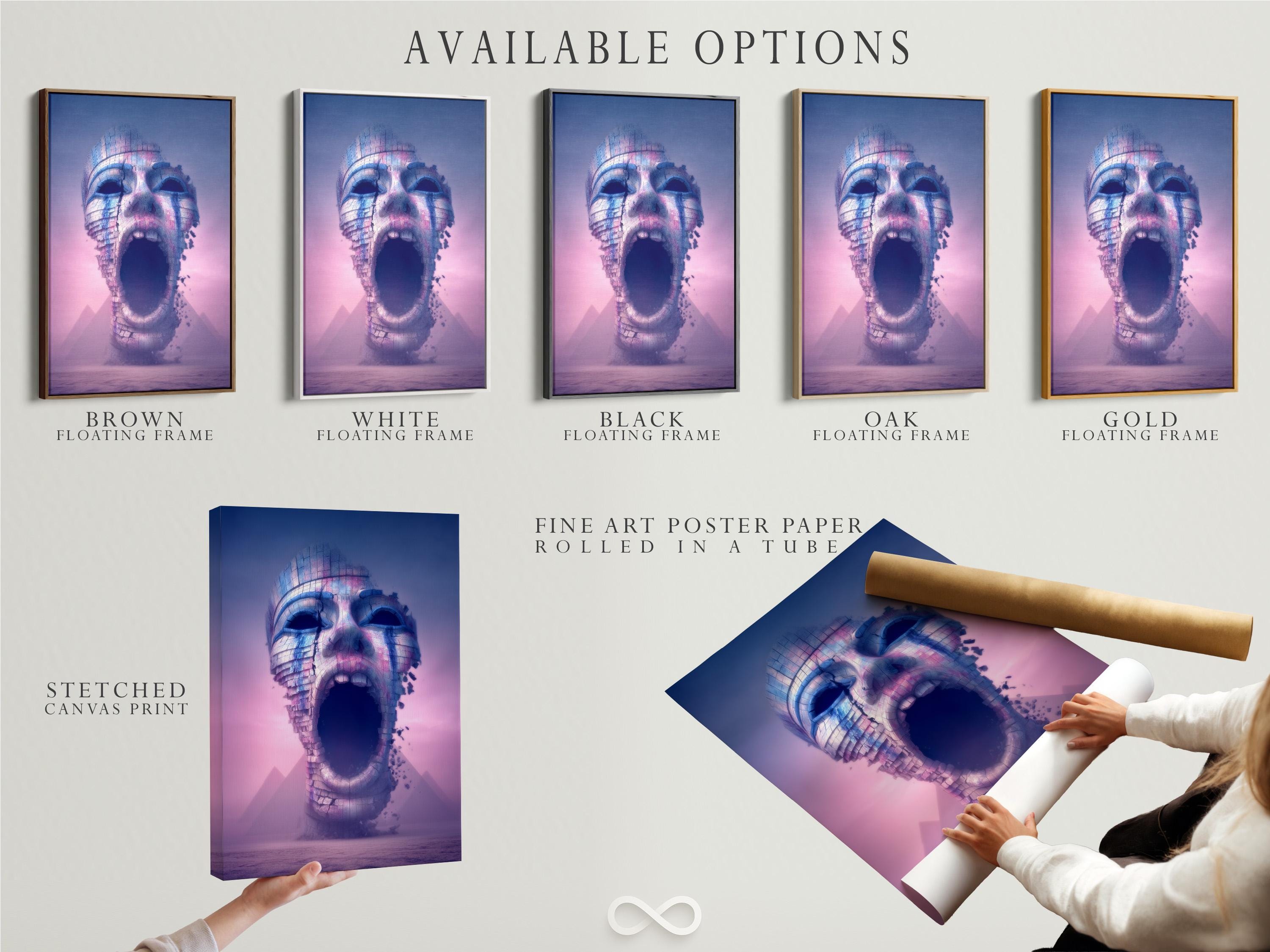 Portrait artwork of a surreal textured face in blue and pink-violet tones displayed in a mockup