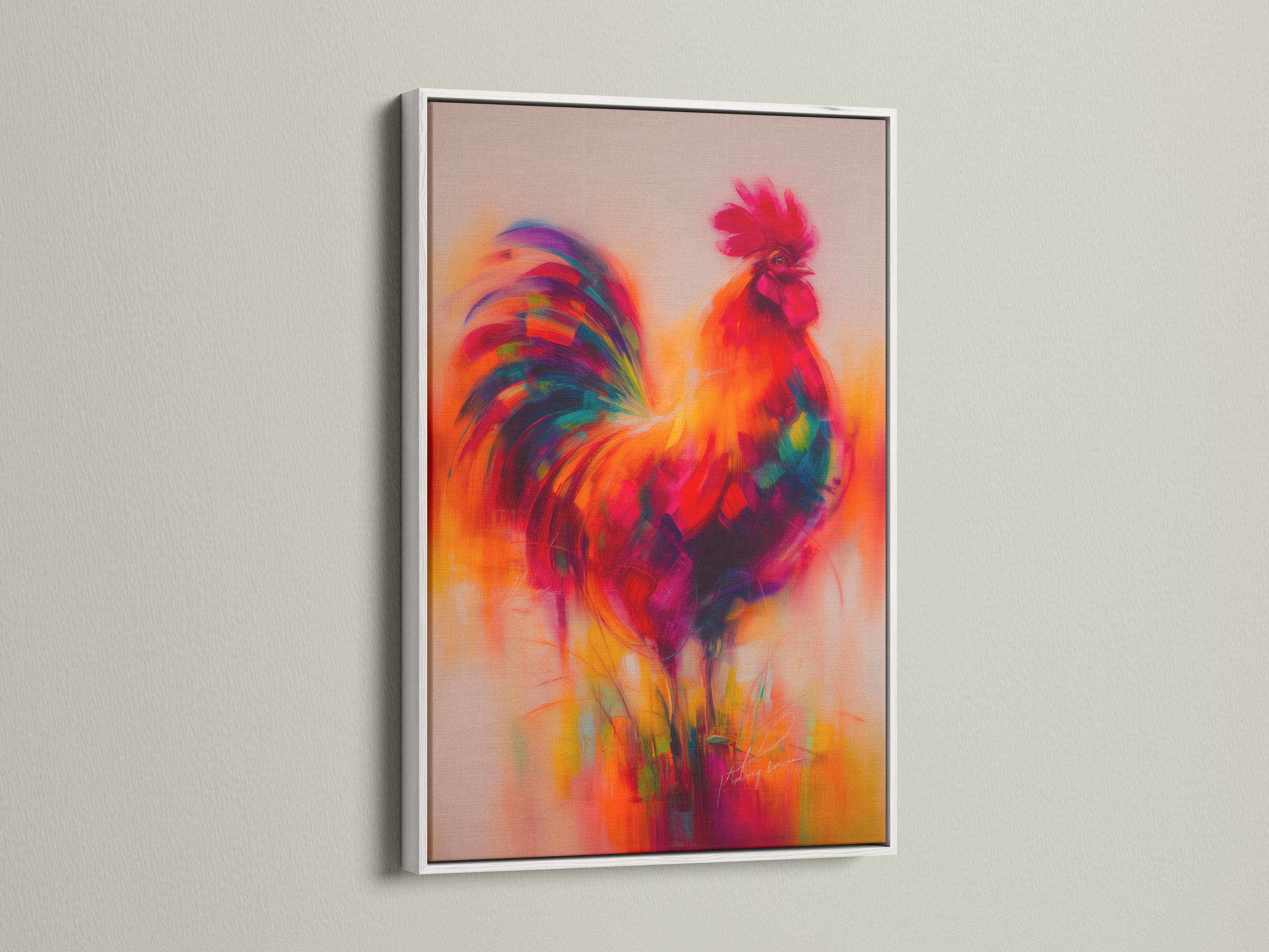 A framed rooster wall artwork in warm orange, pink, and purple colours on a white background