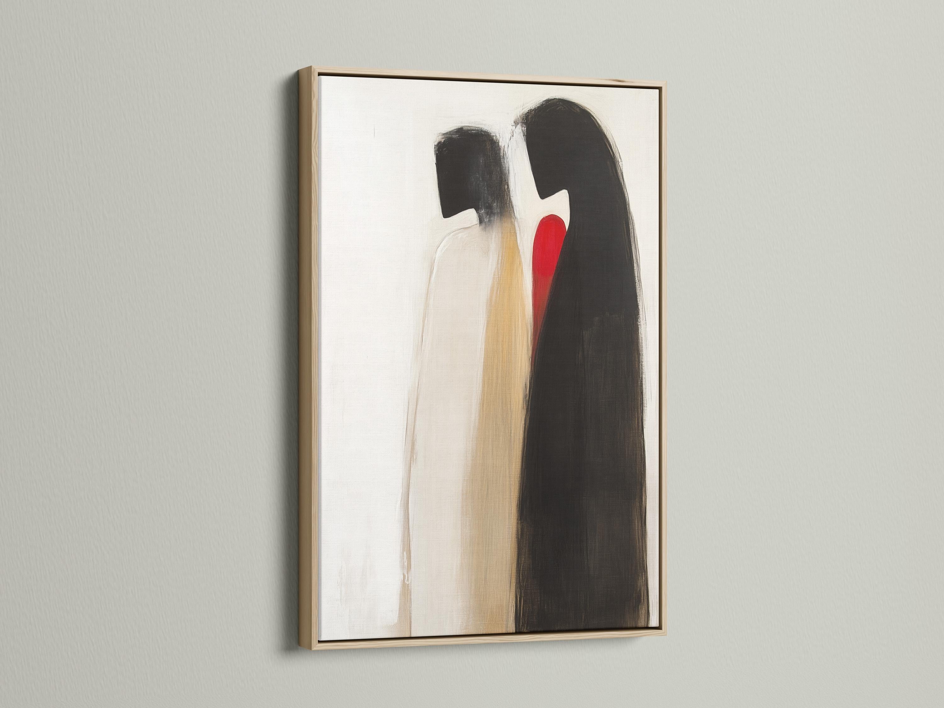 Abstract couple figures in charcoal black and beige embracing on a cream background with a small red accent detail view