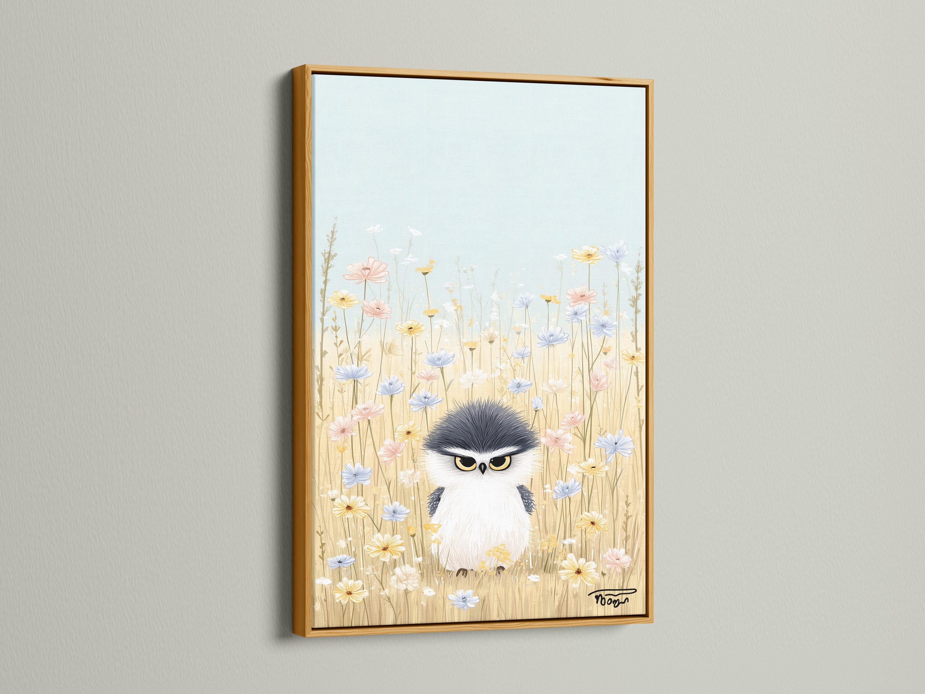 Room mockup showing an artwork with a whimsical owl in a pastel wildflower meadow