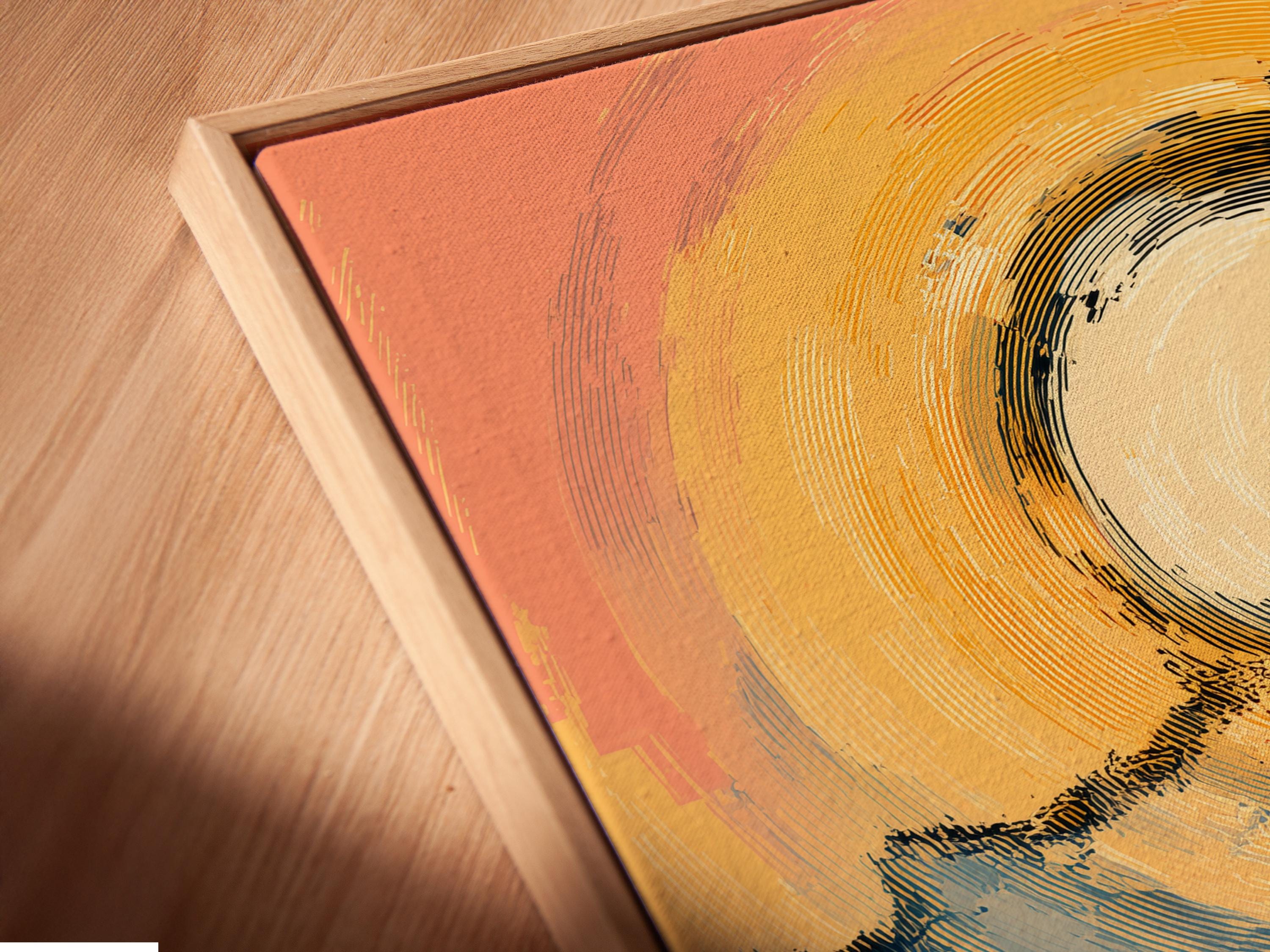 Abstract halo above curved steps with a small dark silhouette, in beige, gold and sky blue detail view