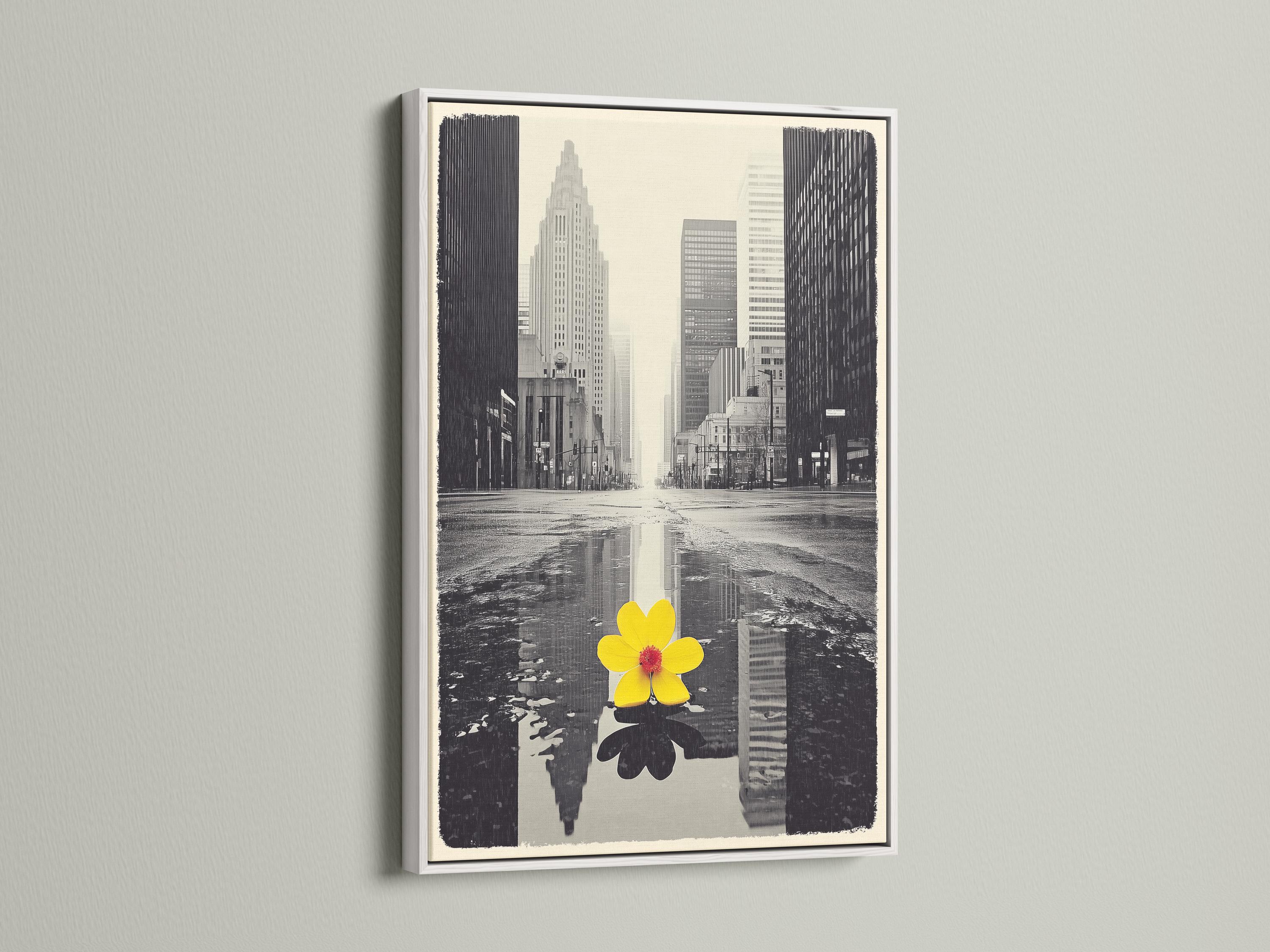 A monochrome city skyline is overlaid with a single bright yellow flower, reflected in water-like bands, creating a high-contrast urban accent detail