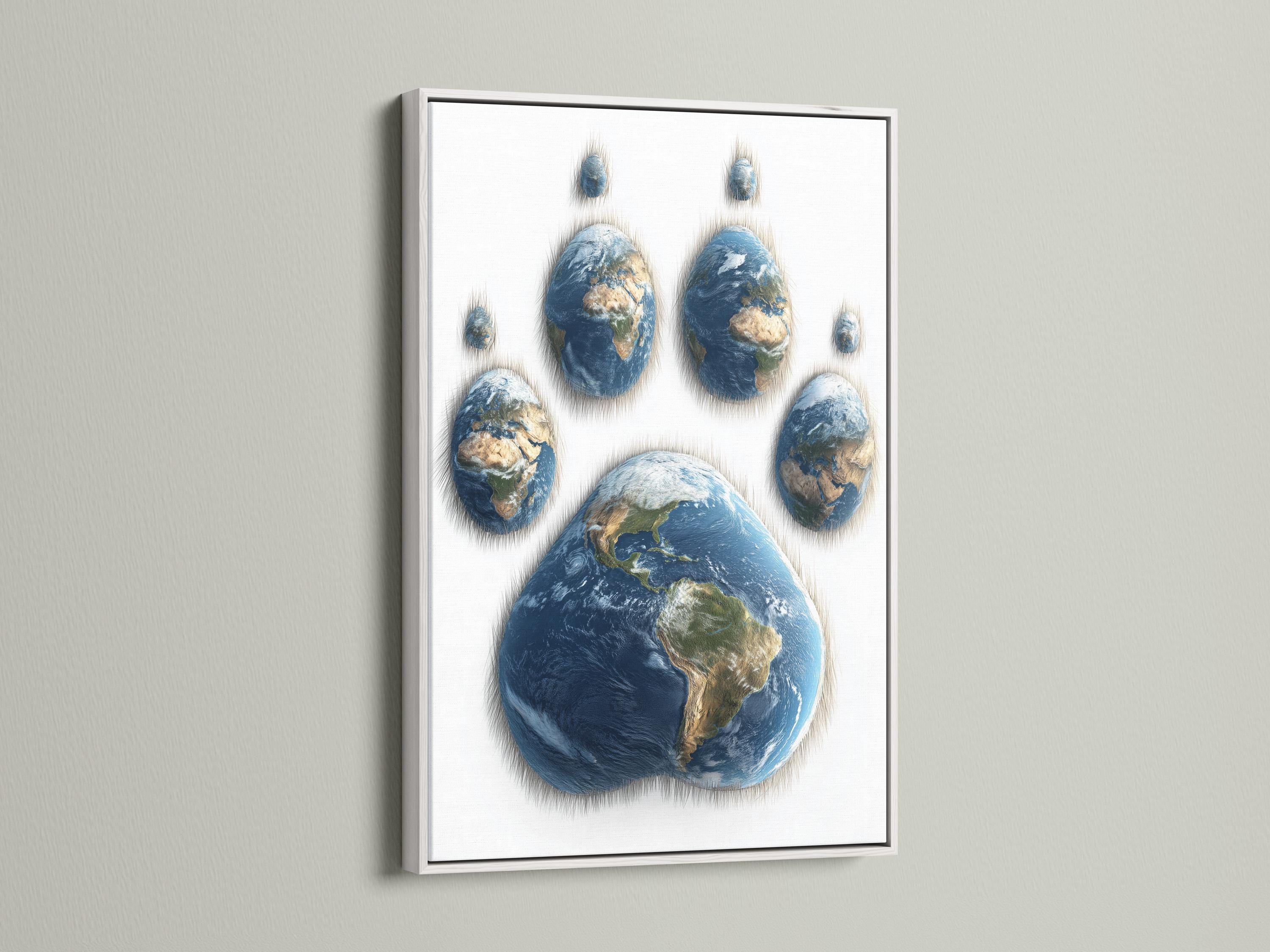 Globe Earth paw print with deep blue oceans and green and beige landmasses on a light background detail view