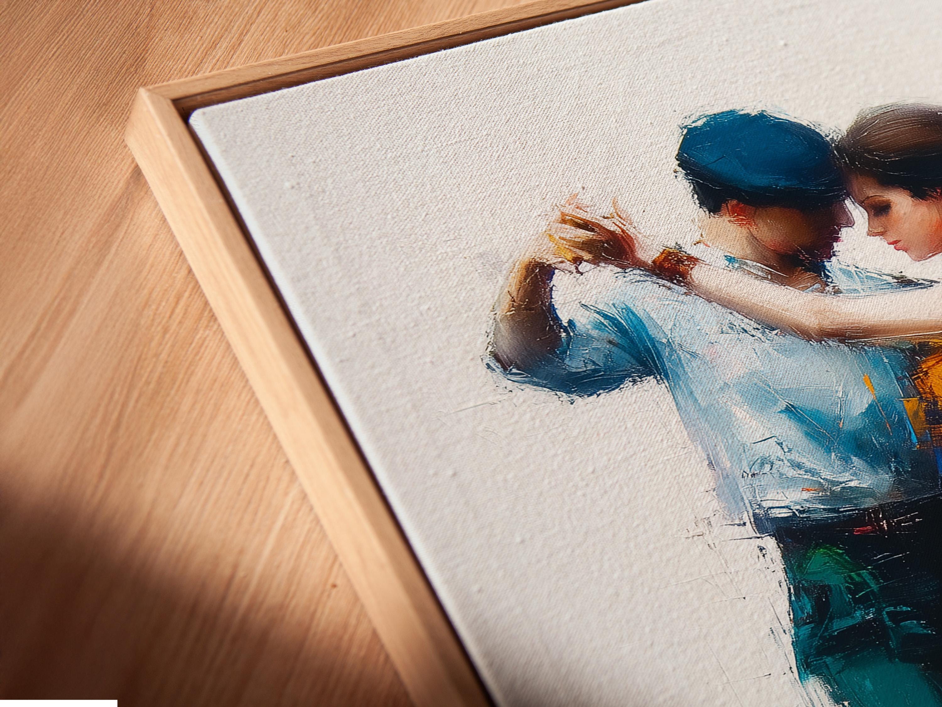 Framed wall artwork featuring a painterly tango couple in blue and gold