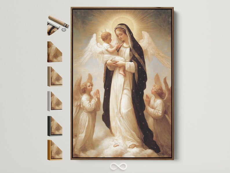 Portrait religious painting of a haloed woman holding a child with angel wings and praying figures