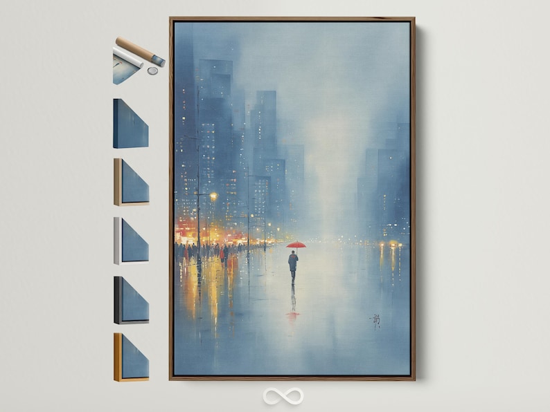 Misty rainy night cityscape in blue with warm lights, reflections, and a red umbrella figure
